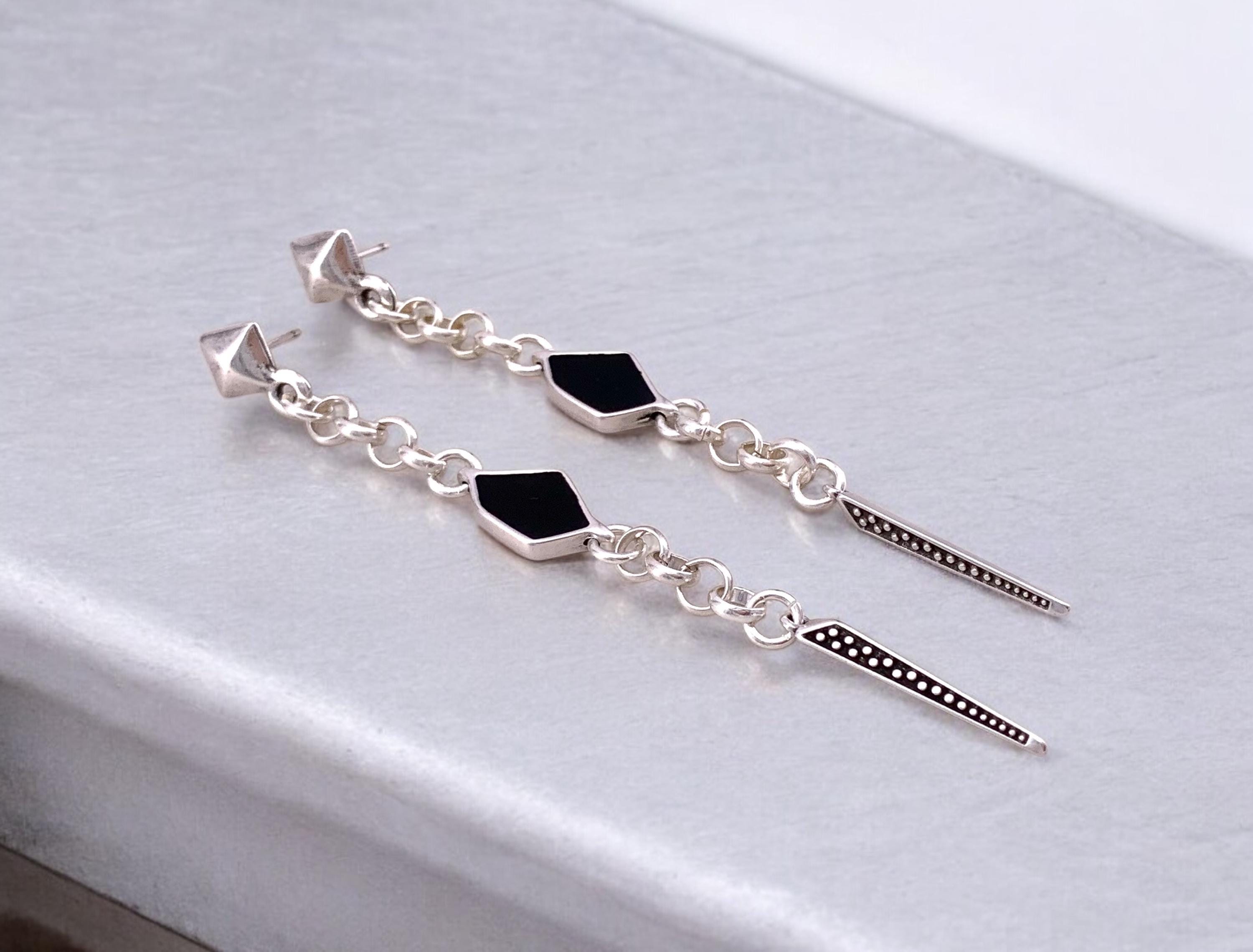 Very long chain earrings with spike pendant, dangling earrings, silver chain earrings, punk earrings, uno de 50 style, unique design earring
