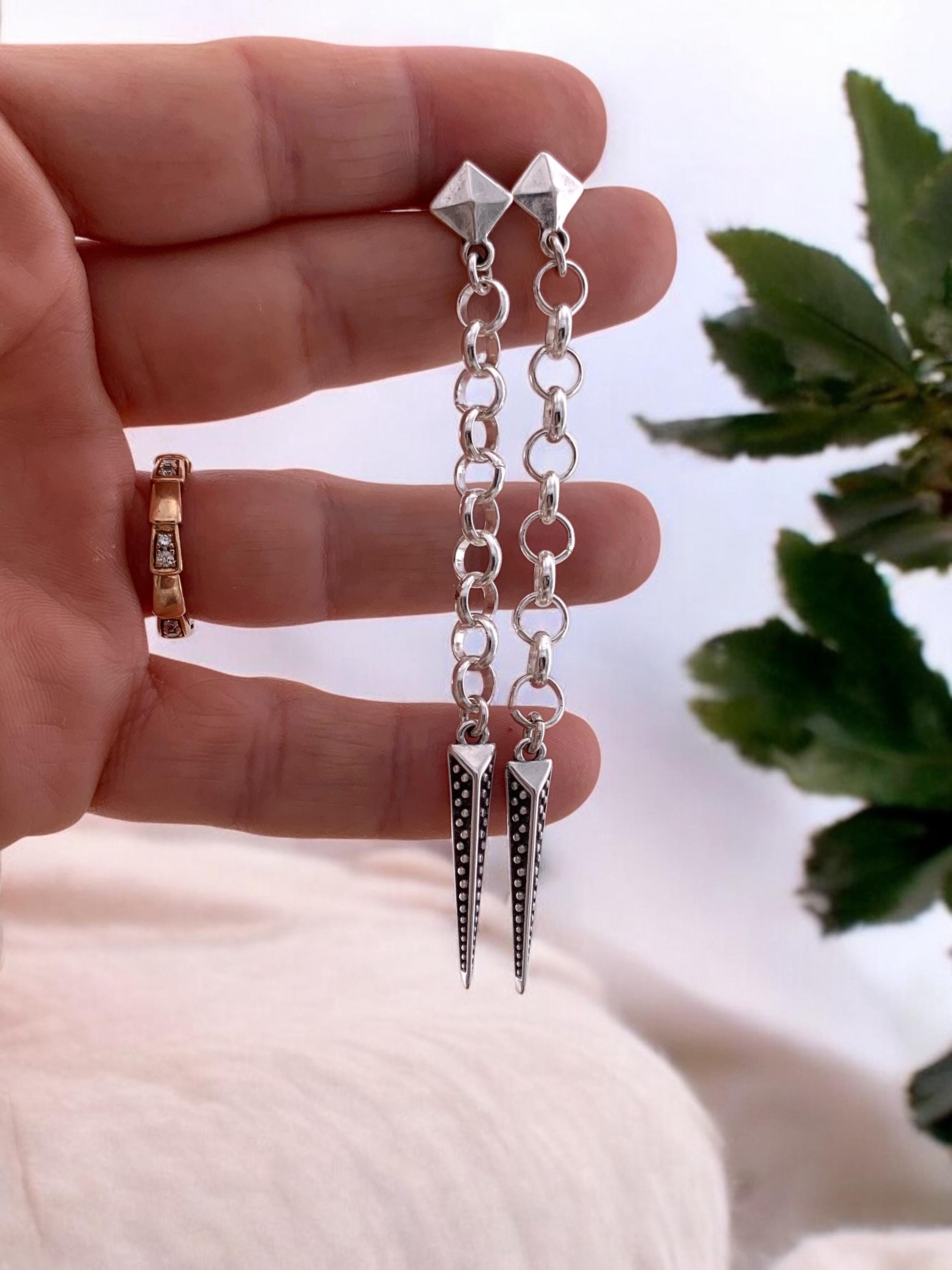 Very Long Silver Chain Earrings – Spike Pendant – Punk Style – Kukuri Jewelry Exclusive