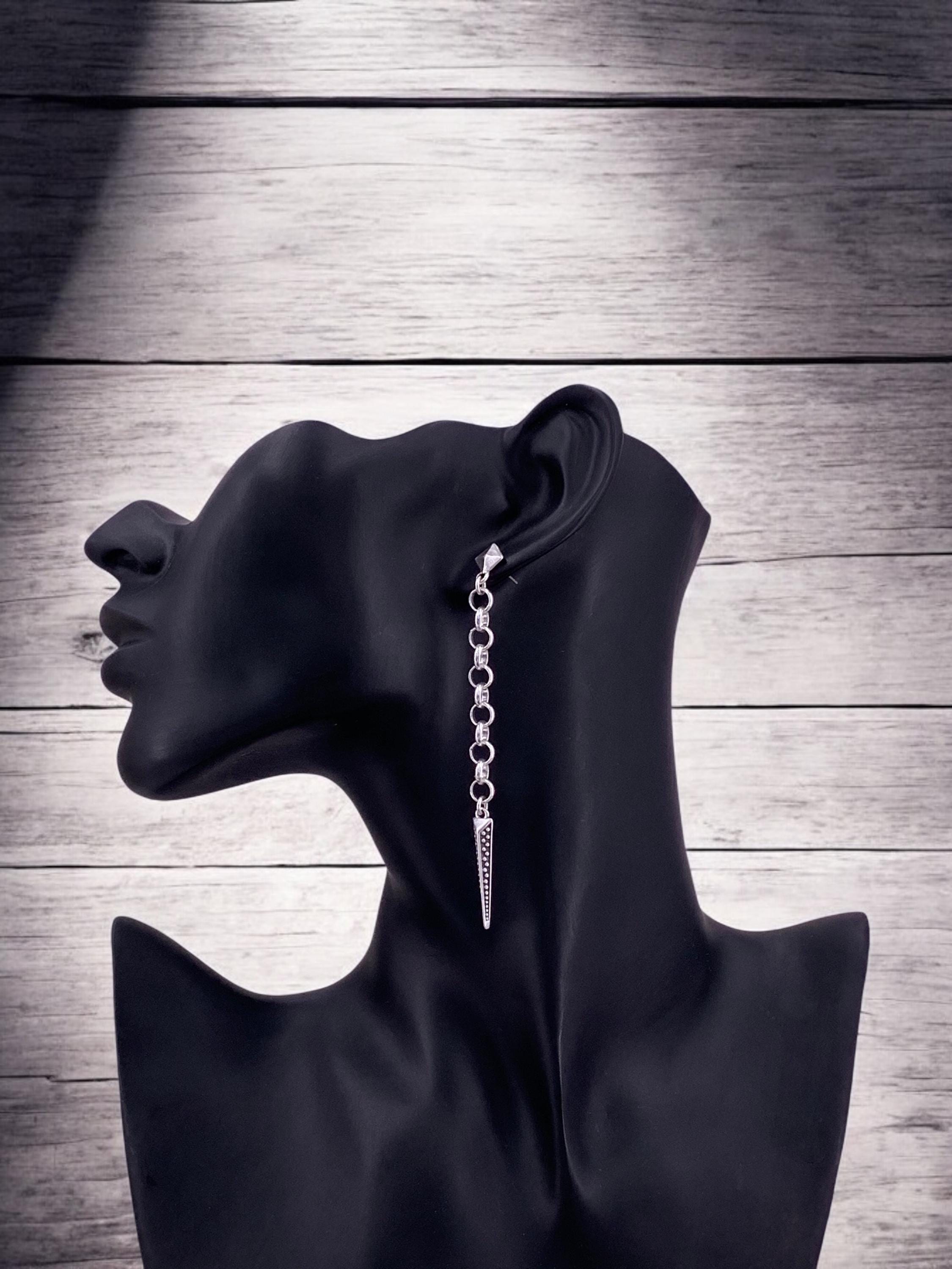 Very Long Silver Chain Earrings – Spike Pendant – Punk Style – Kukuri Jewelry Exclusive
