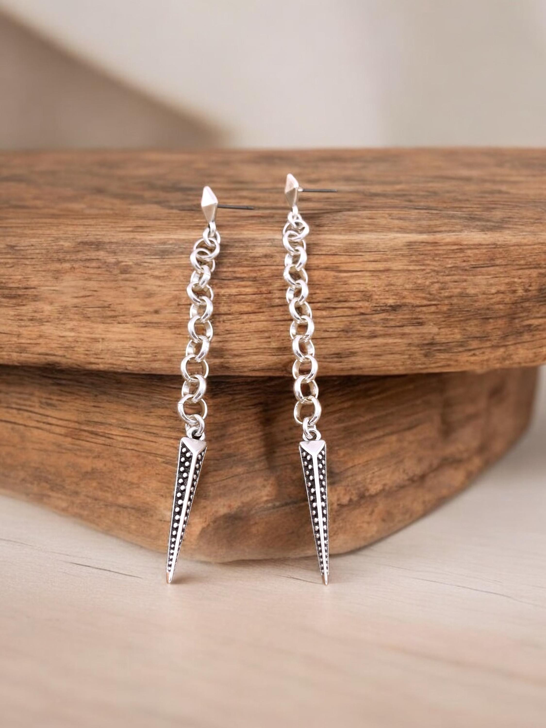 Very Long Silver Chain Earrings – Spike Pendant – Punk Style – Kukuri Jewelry Exclusive