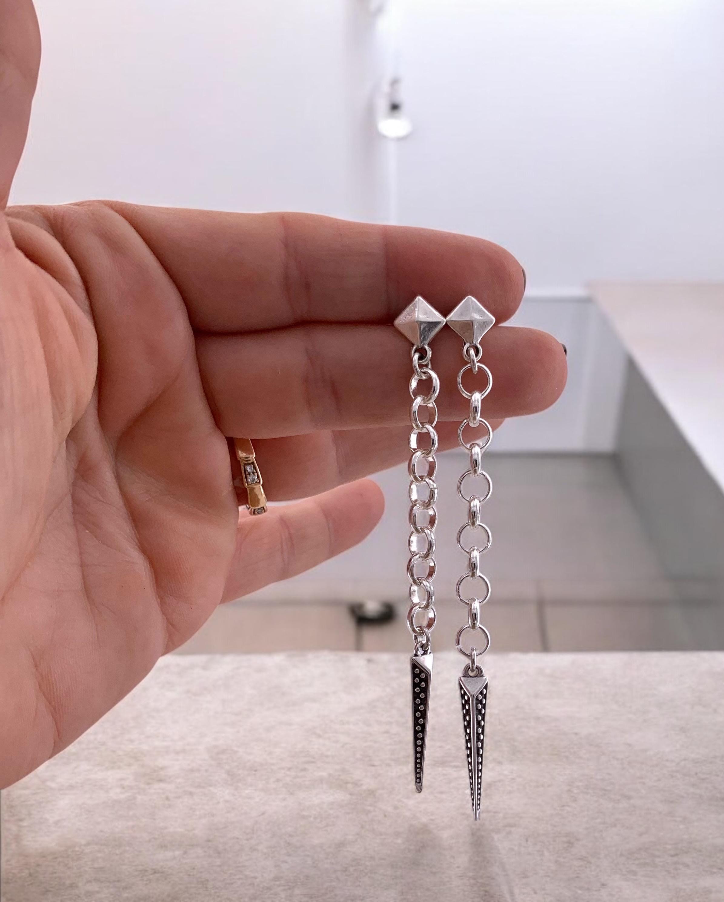 Very Long Silver Chain Earrings – Spike Pendant – Punk Style – Kukuri Jewelry Exclusive