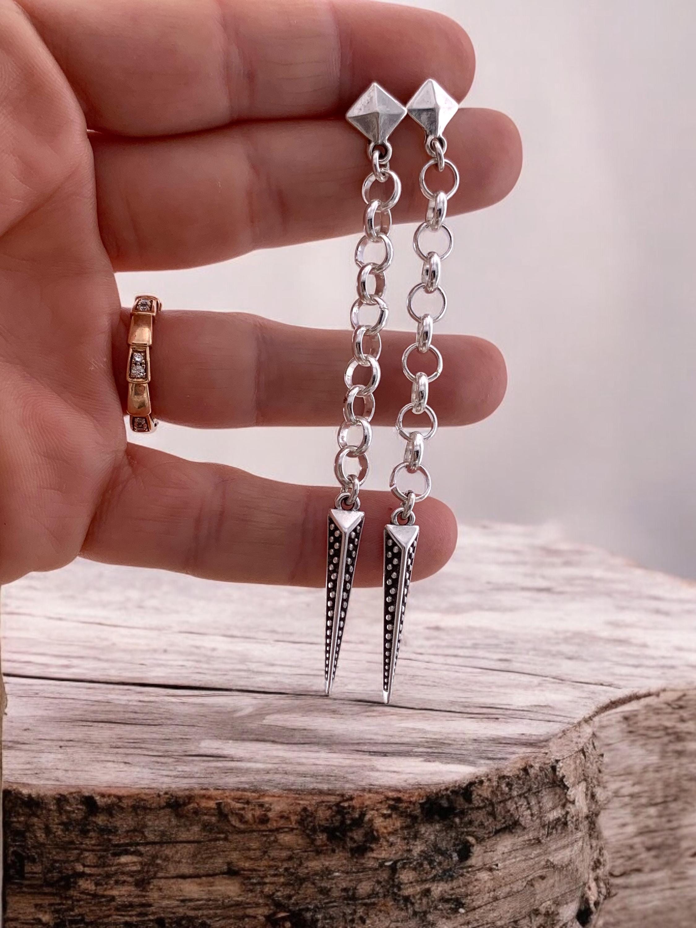 Very Long Silver Chain Earrings – Spike Pendant – Punk Style – Kukuri Jewelry Exclusive