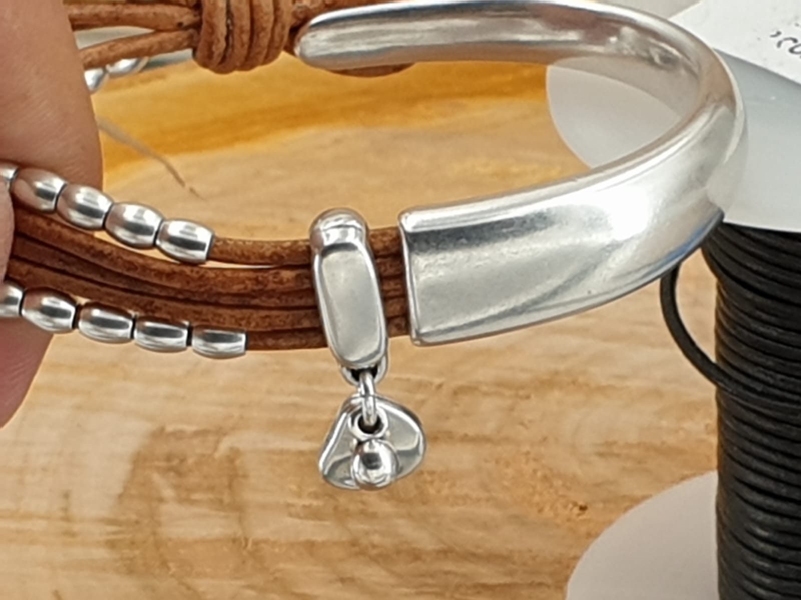 Silver and leather bracelet, beaded cuff silver bracelet, hippie bracelet, cuff bracelet, tribal bracelet, charms bohemian leather bracelet