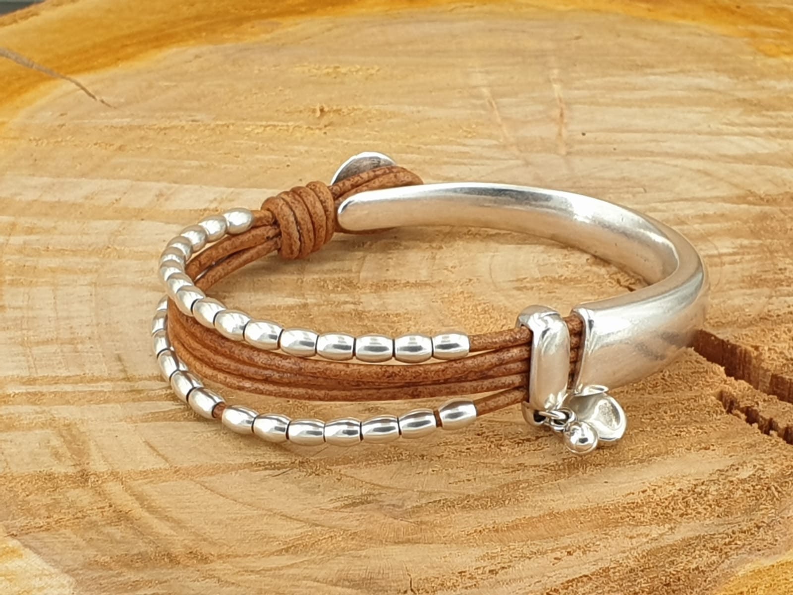 Silver and leather bracelet, beaded cuff silver bracelet, hippie bracelet, cuff bracelet, tribal bracelet, charms bohemian leather bracelet