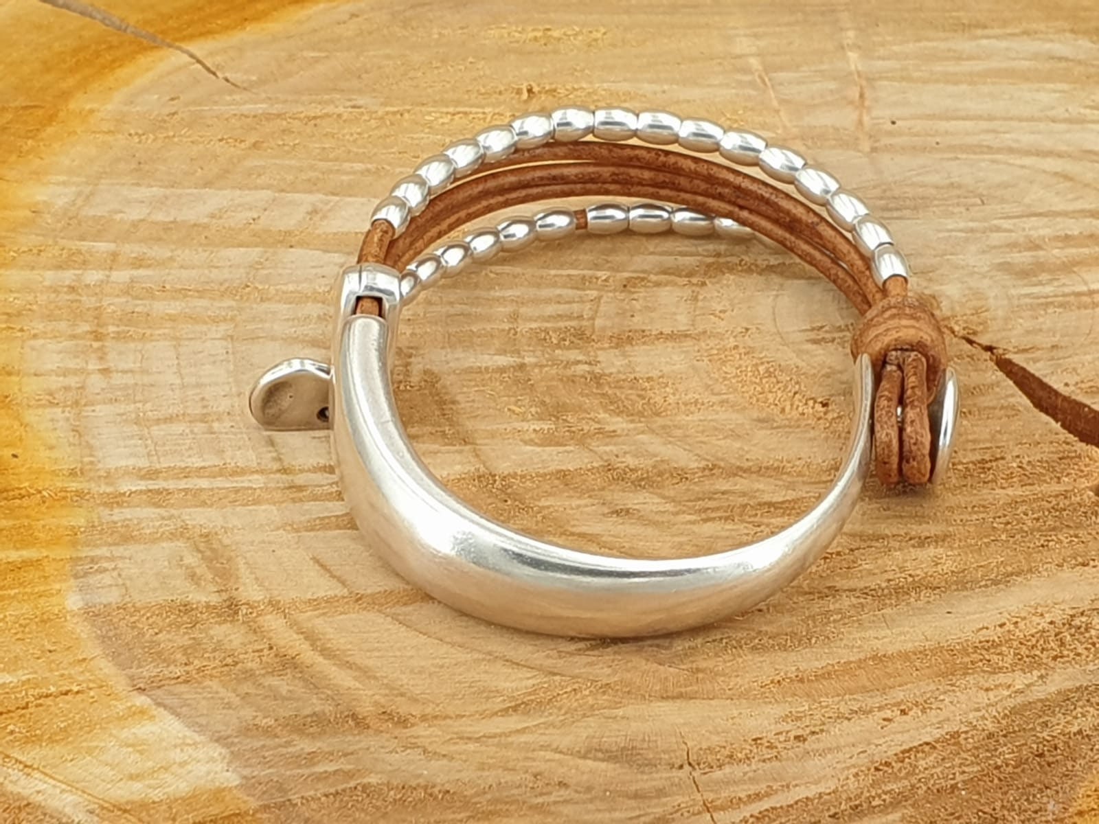 Silver and leather bracelet, beaded cuff silver bracelet, hippie bracelet, cuff bracelet, tribal bracelet, charms bohemian leather bracelet