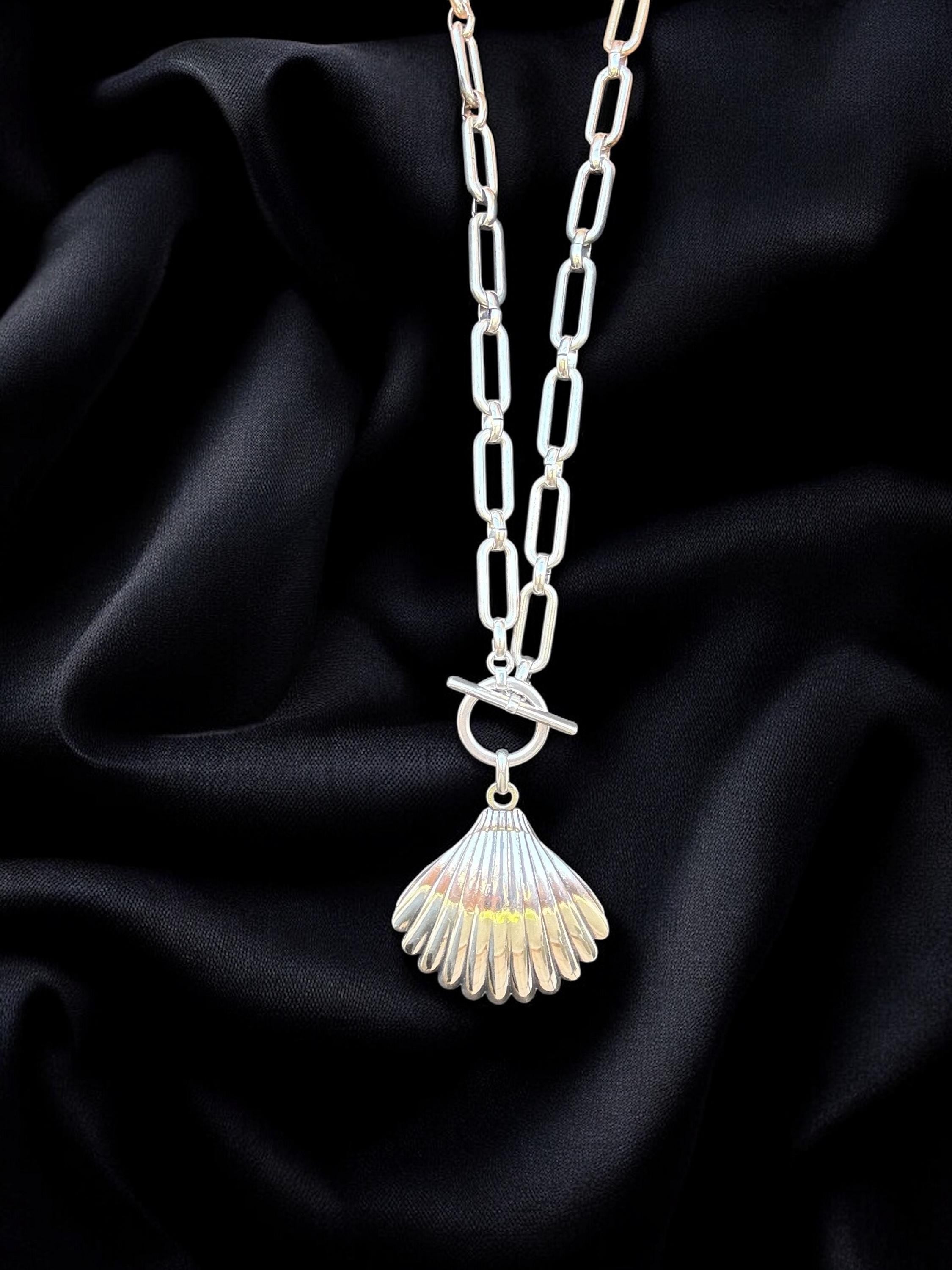 Very Long Chunky Silver Chain Necklace – Statement Shell Pendant on Toggle Clasp – Kukuri Jewelry