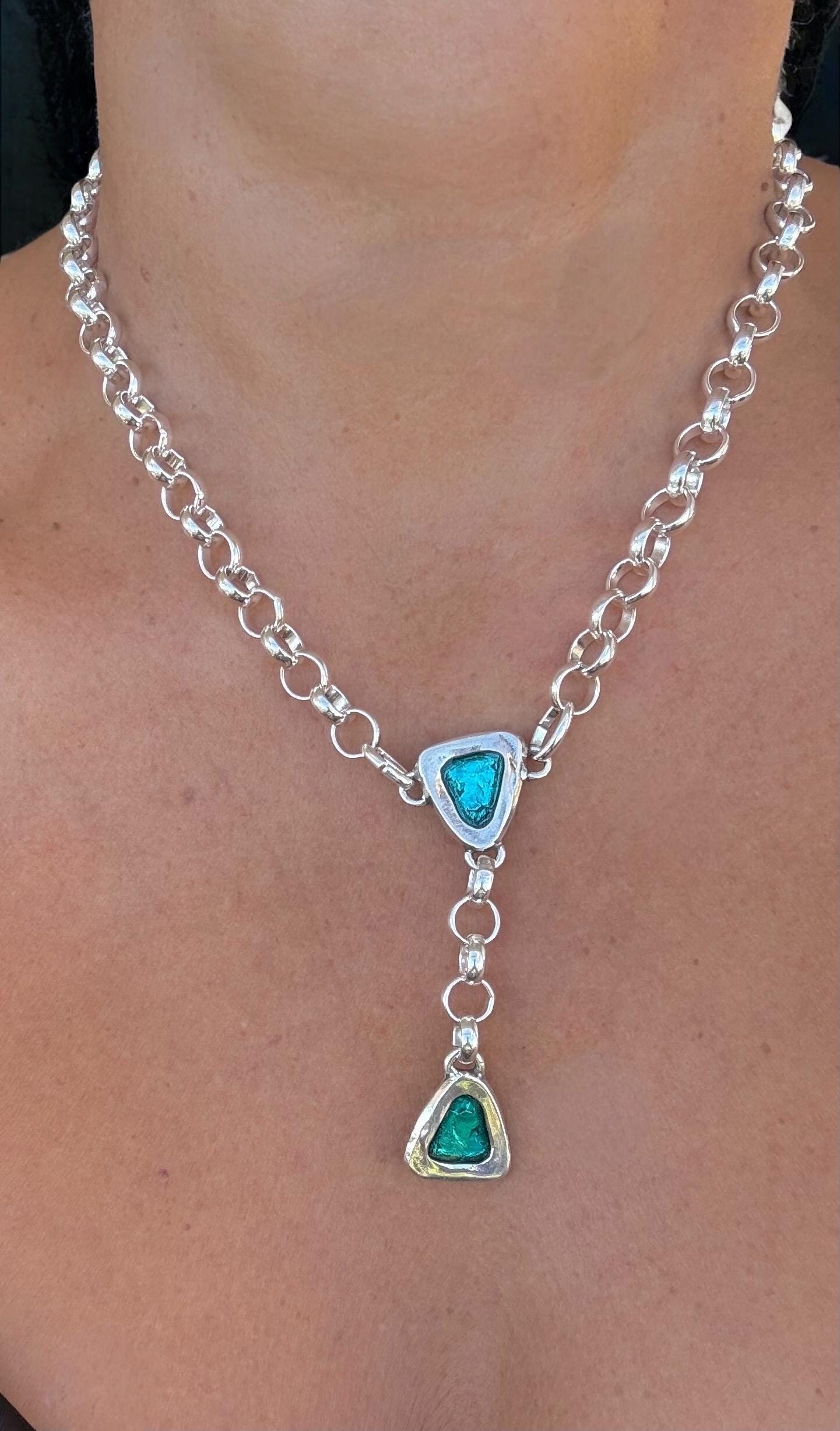 Chunky Silver Lariat Necklace – Bold Rolo Chain Y Necklace with Toggle Clasp – Blue Enamel Pendant – Kukuri Jewelry