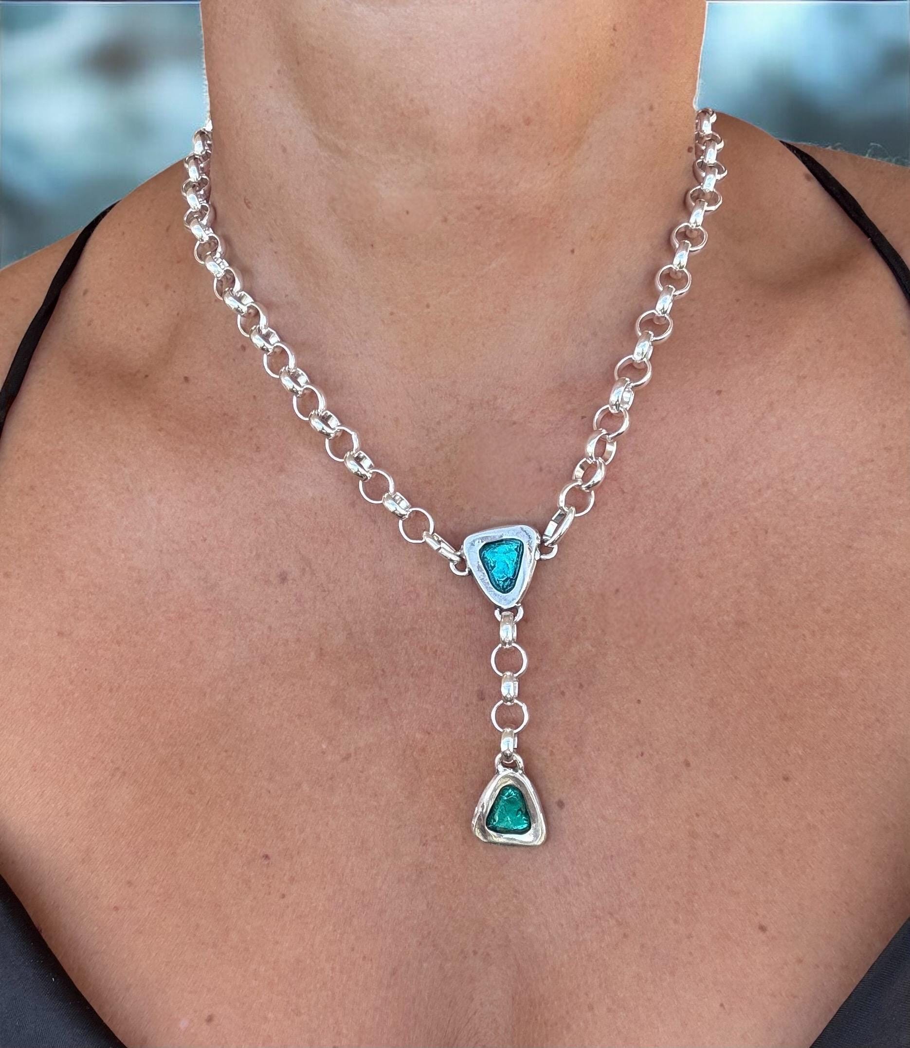 Chunky Silver Lariat Necklace – Bold Rolo Chain Y Necklace with Toggle Clasp – Blue Enamel Pendant – Kukuri Jewelry