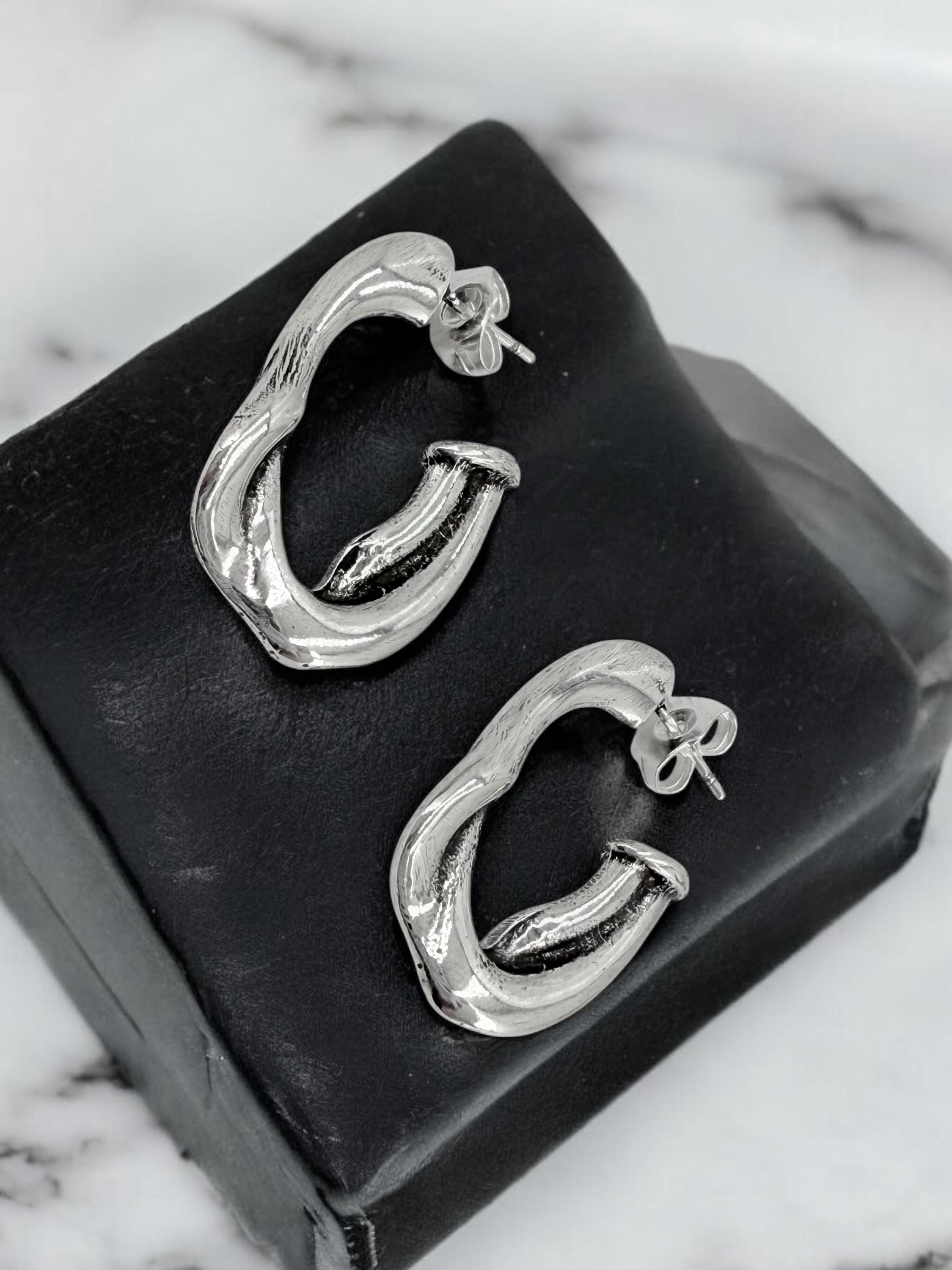 Chunky Hammered Silver Hoop Earrings – Engraved Statement Hoops – Uno de 50 Style – Large Bold Gift for Women