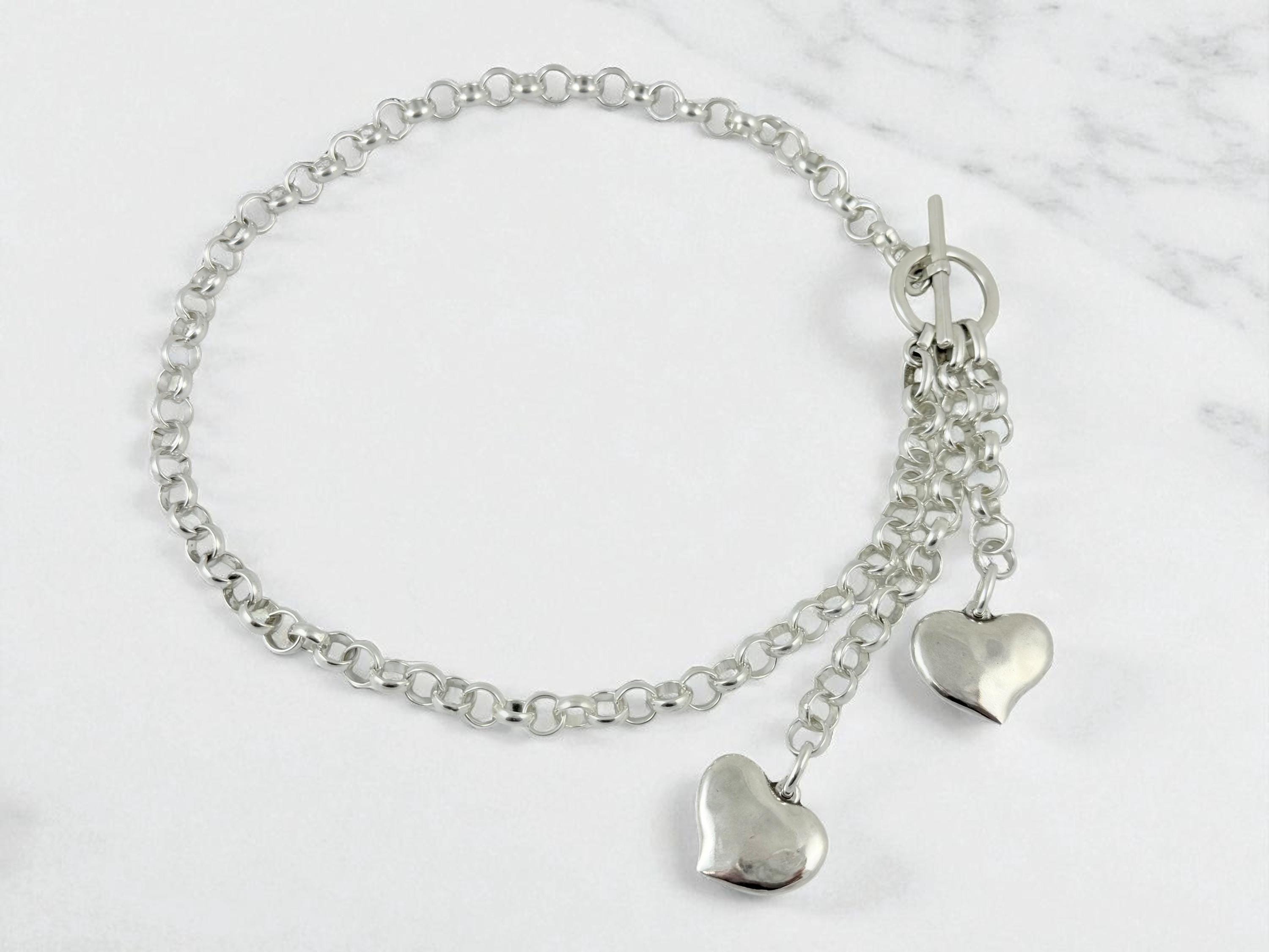 Chunky Silver Lariat with 2 Heart Pendants Necklace – Toggle Clasp - bold Y choker