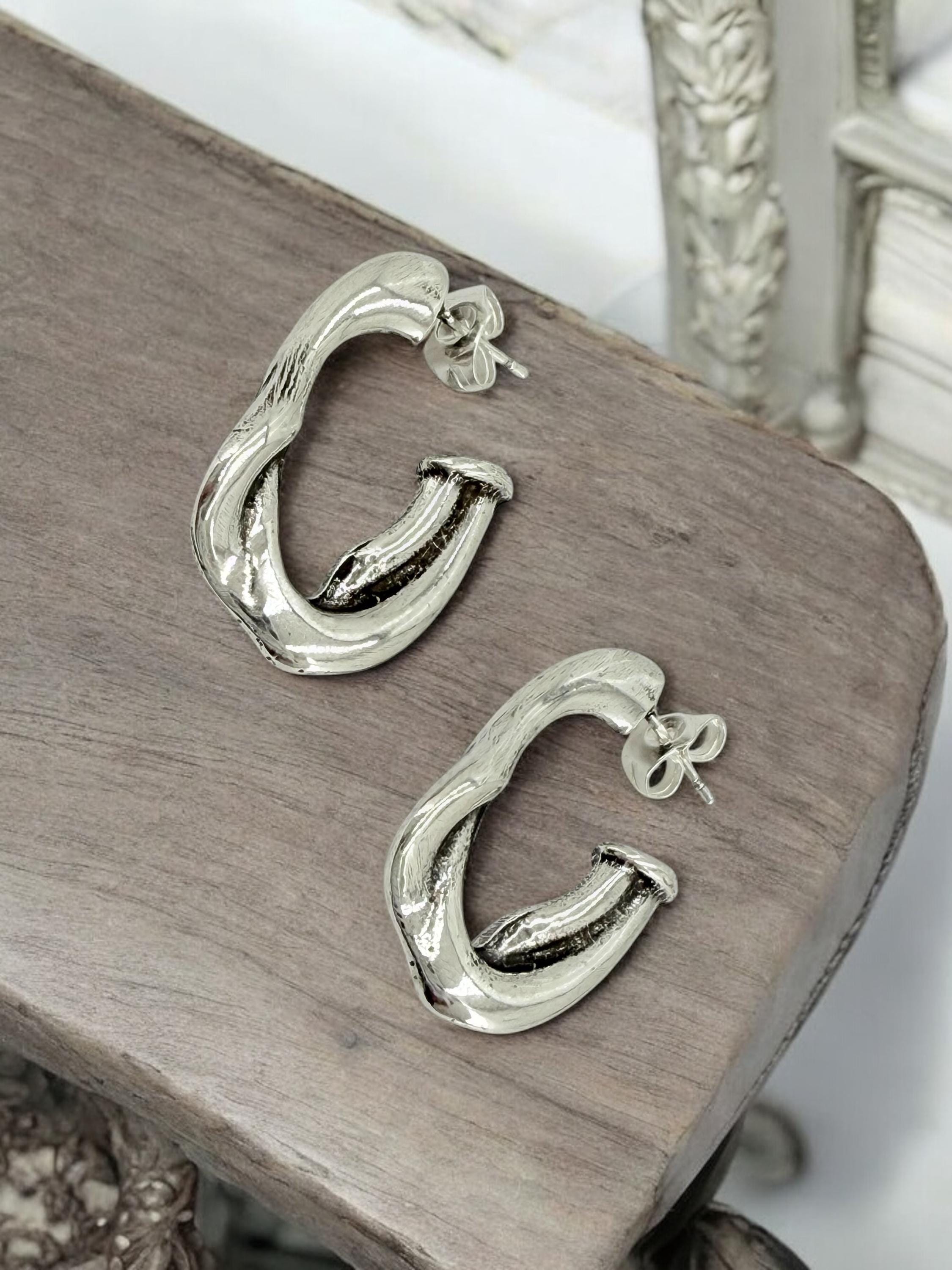 Chunky Hammered Silver Hoop Earrings – Engraved Statement Hoops – Uno de 50 Style – Large Bold Gift for Women