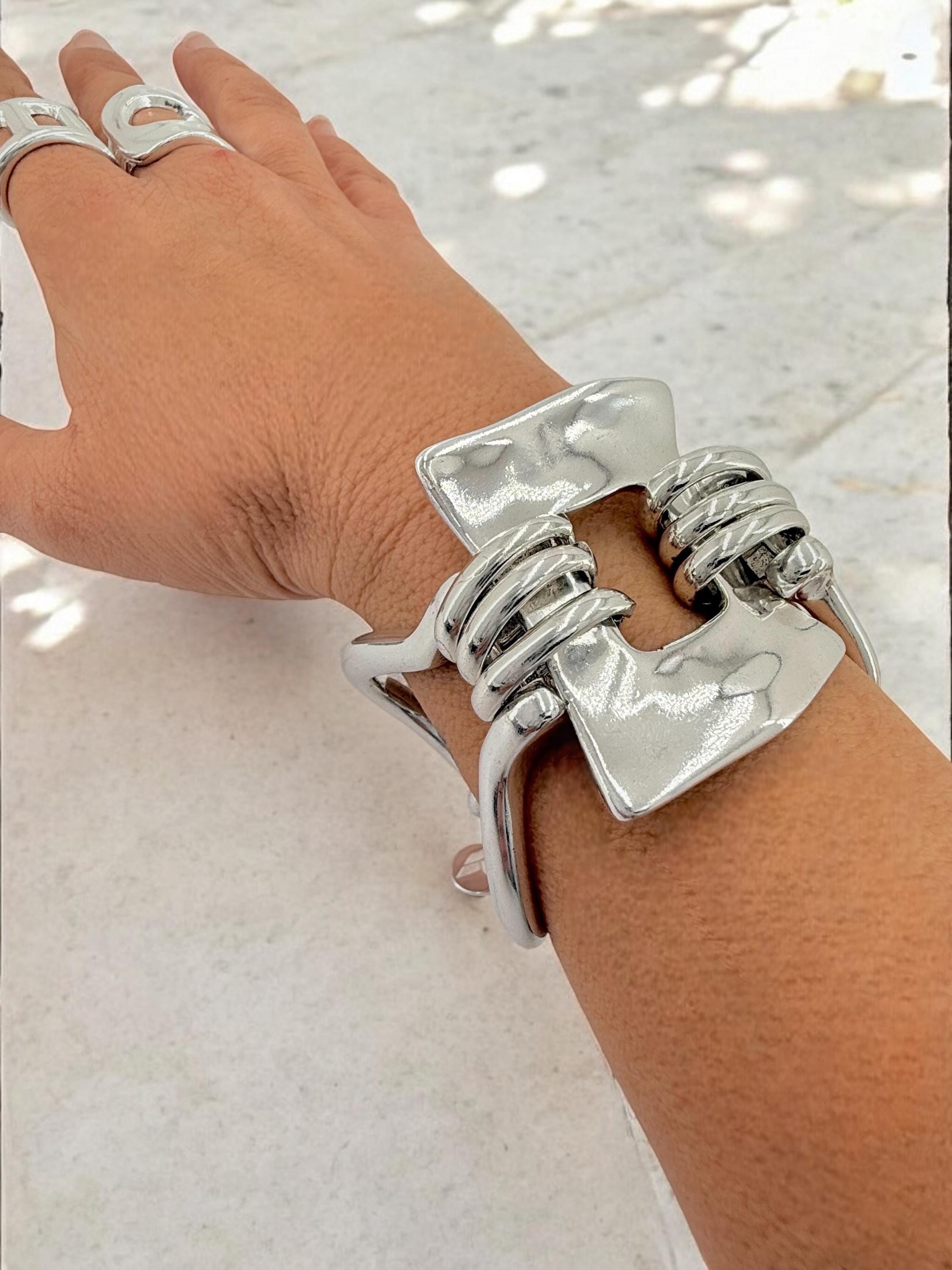 Chunky silver bracelet, cuff bracelet, silver bold bracelet, silver chain bracelet, thick link bracelet, uno de 50 style, statement bracelet