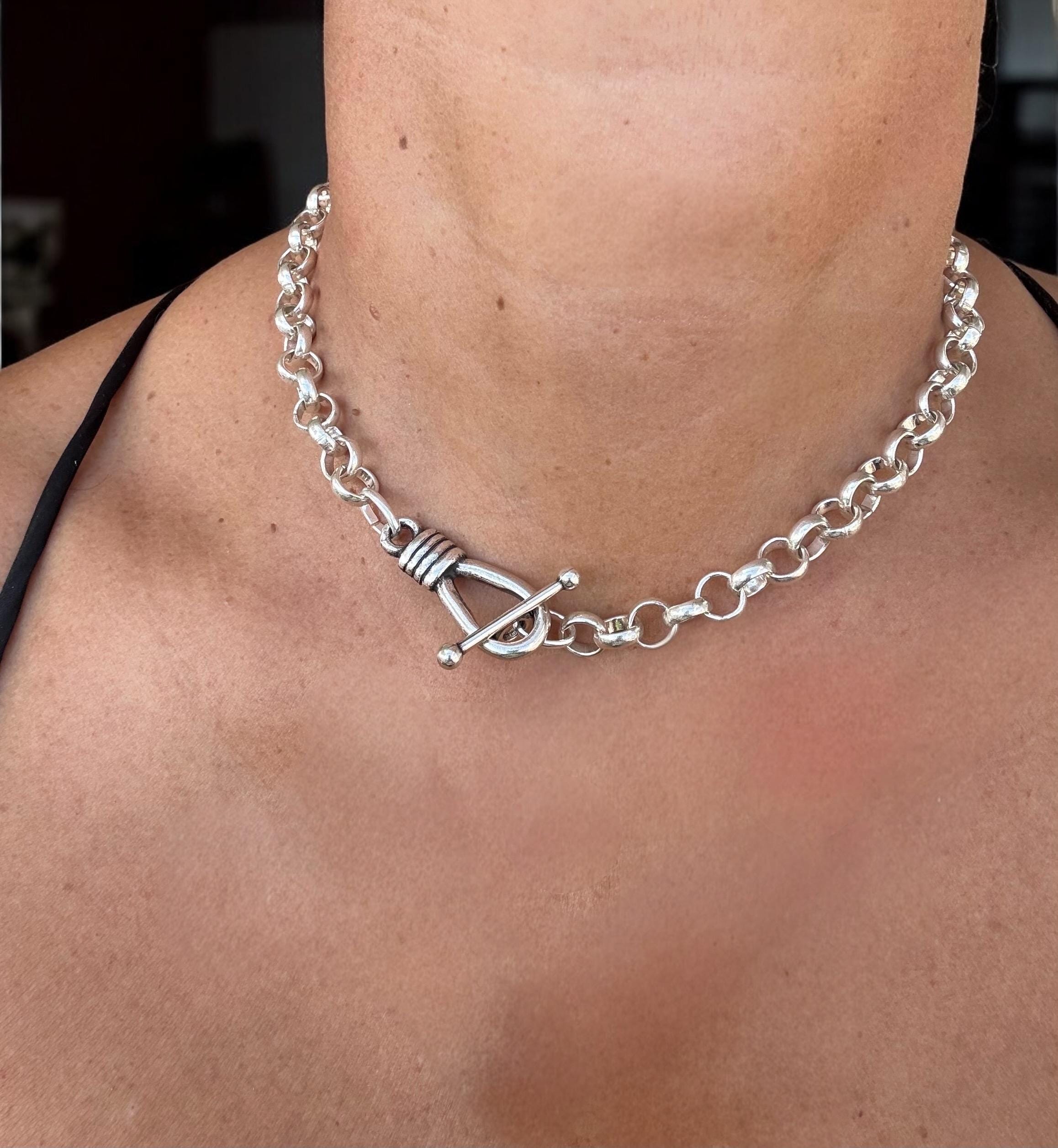 Gargantilla gruesa de cadena rolo plateada: joya llamativa bañada en plata con cierre de palanca. Regalo para mujer.