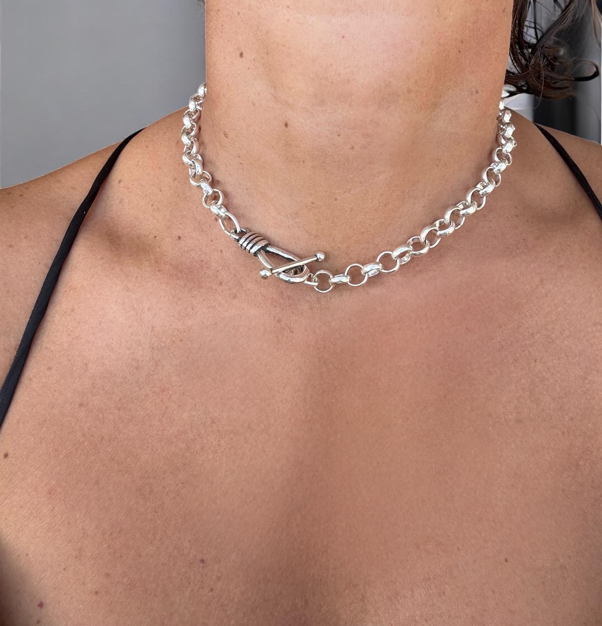 Chunky Silver Rolo Chain Choker Necklace – Bold Silver-Plated Statement Jewelry with Toggle Clasp - Uno de 50 style - Gift for women