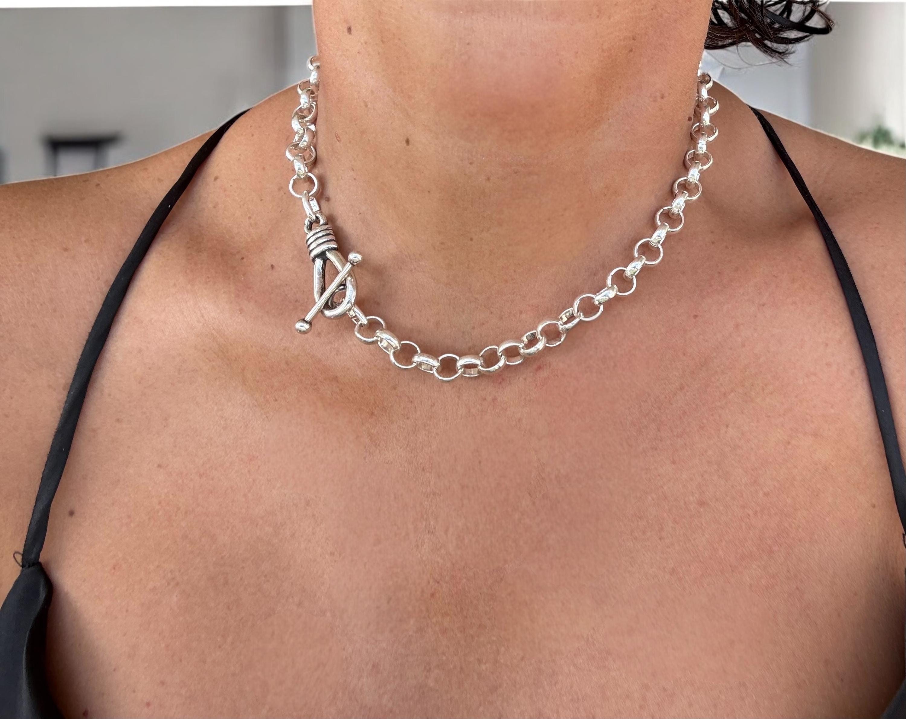 Chunky Silver Rolo Chain Choker Necklace – Bold Silver-Plated Statement Jewelry with Toggle Clasp - Uno de 50 style - Gift for women