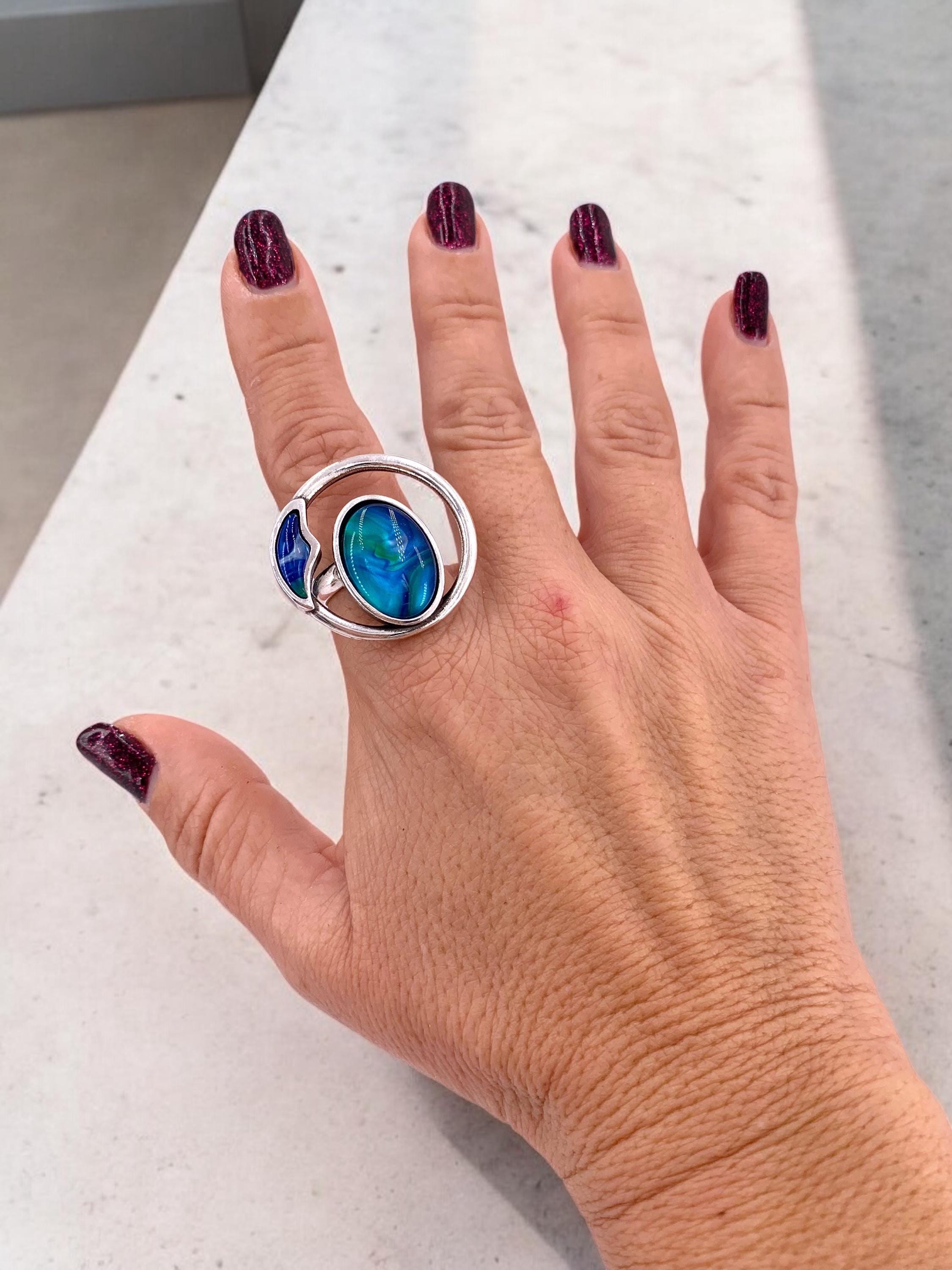 Statement Chunky Silver Ring – Colorful Oversized Design – Adjustable Size 6.5–8 – Kukuri Jewelry