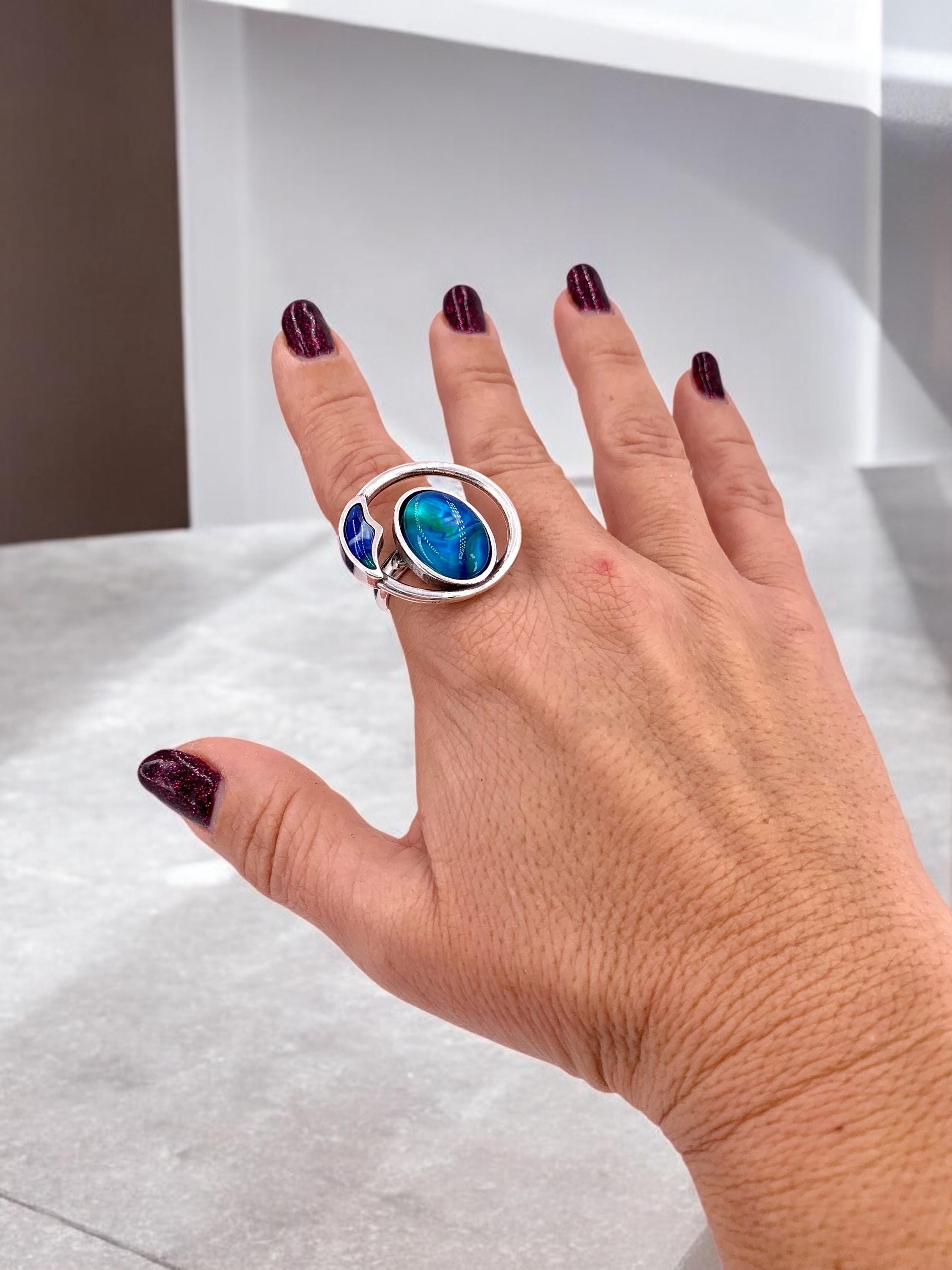 Statement Chunky Silver Ring – Colorful Oversized Design – Adjustable Size 6.5–8 – Kukuri Jewelry