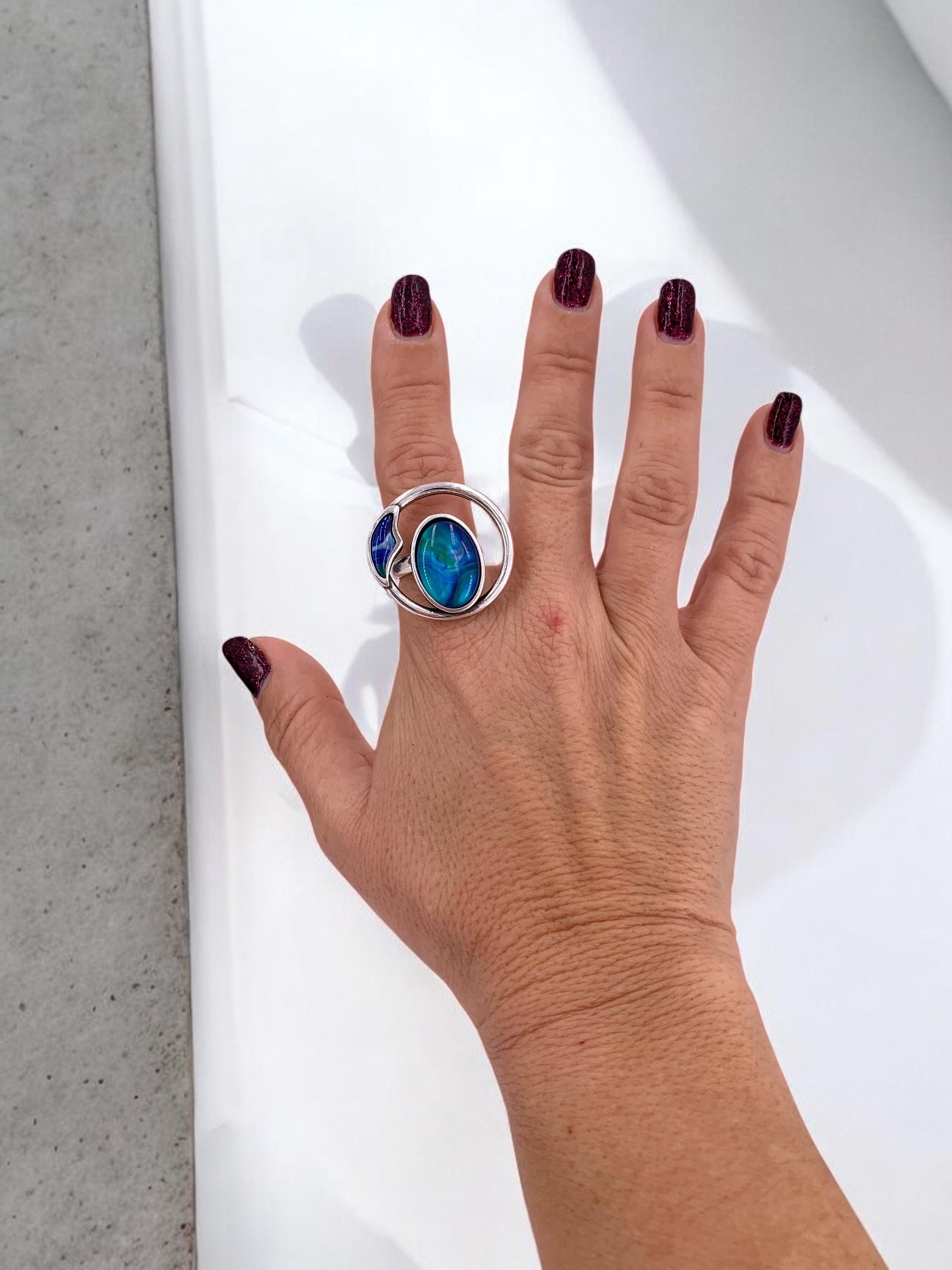 Statement Chunky Silver Ring – Colorful Oversized Design – Adjustable Size 6.5–8 – Kukuri Jewelry