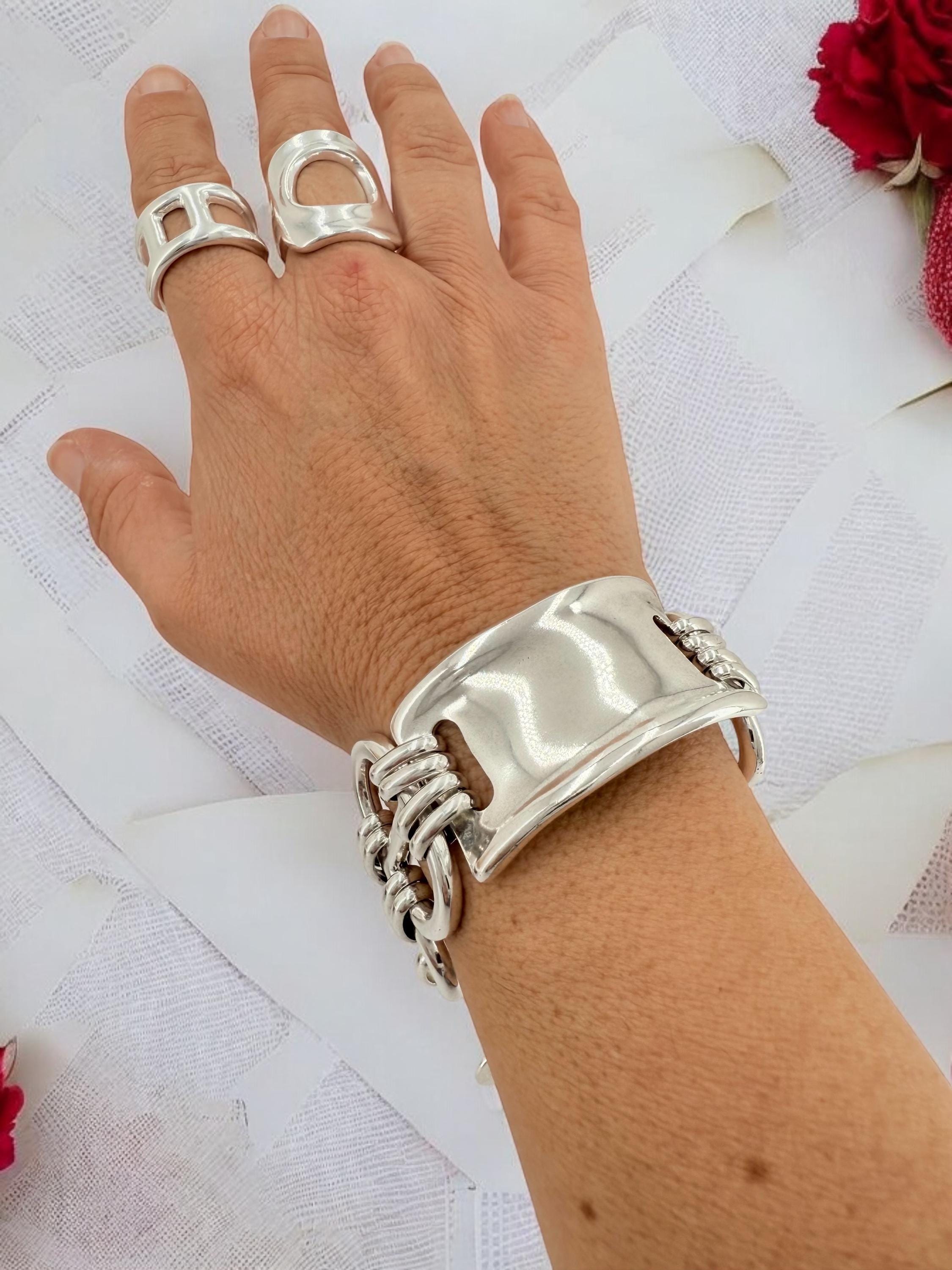Chunky silver bracelet, cuff bracelet, silver bold bracelet, silver chain bracelet, thick link bracelet, uno de 50 style, statement bracelet