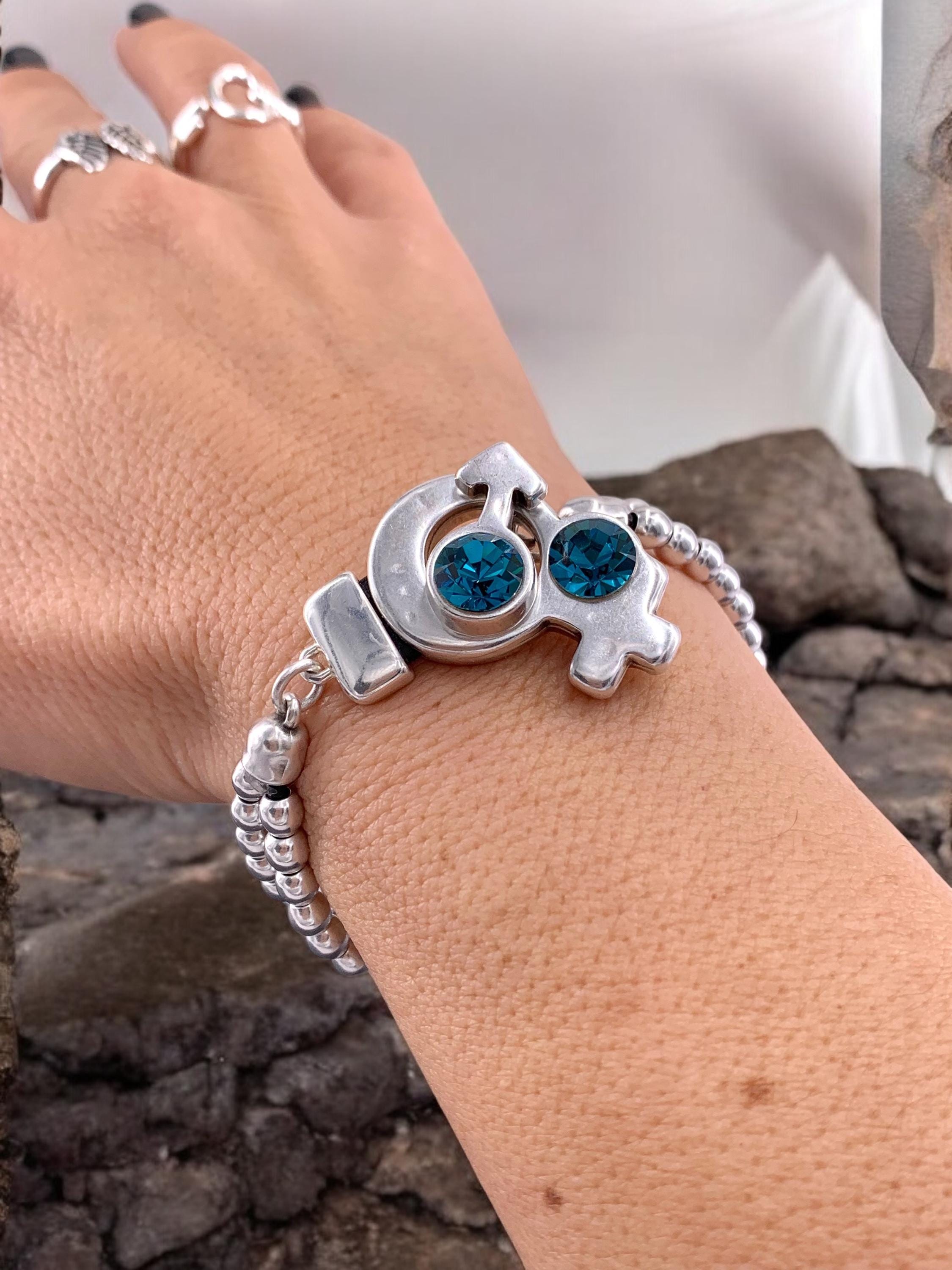 Chunky silver beaded bracelet with statement female and male symbol toggle clasp with Swarovski crystals, bulky bracelet, bold bead bracelet