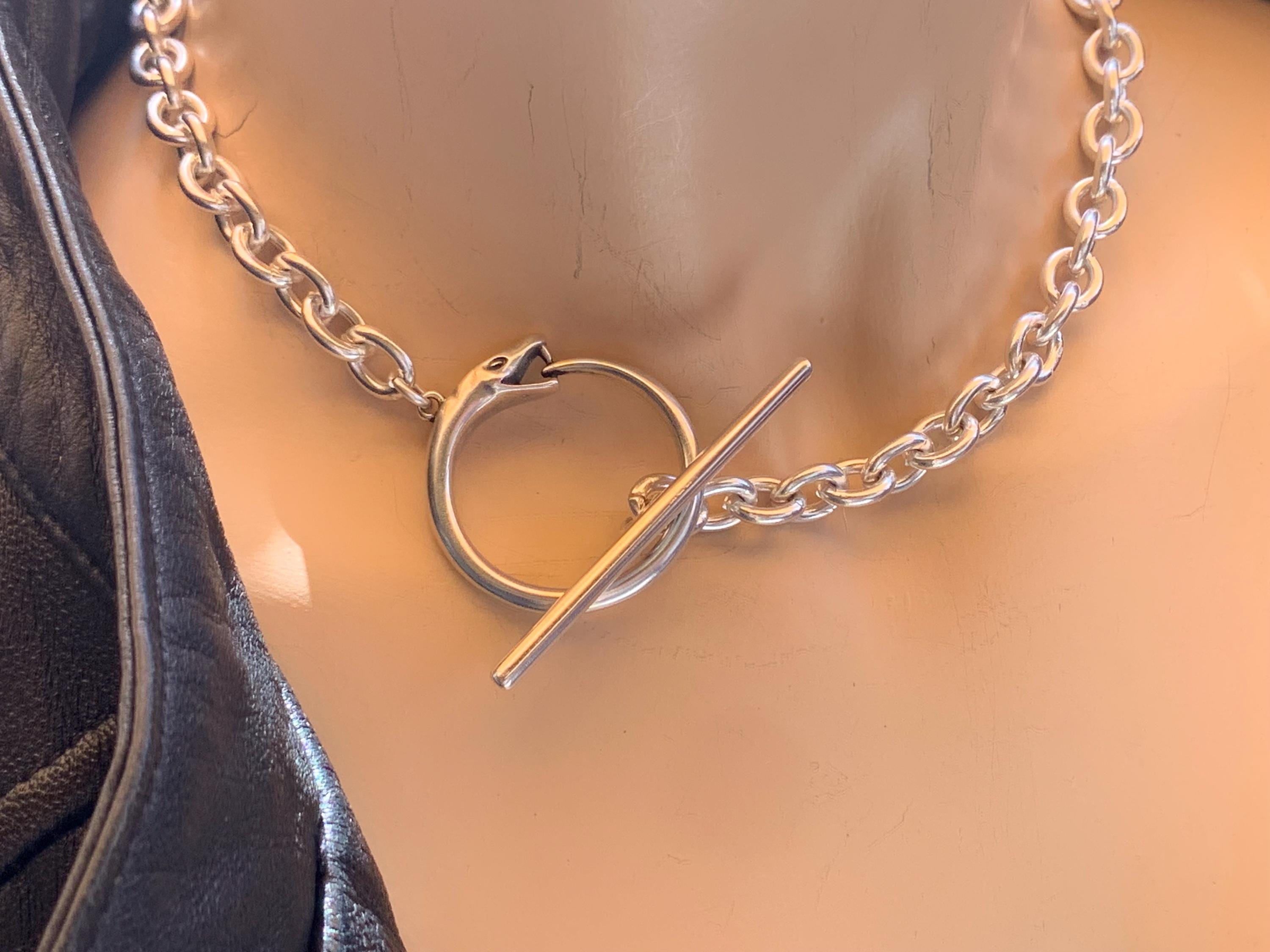 Statement chunky silver chain necklace with snake-shaped toggle clasp, bold chain toggle choker, bulky necklace, snake necklace, gift