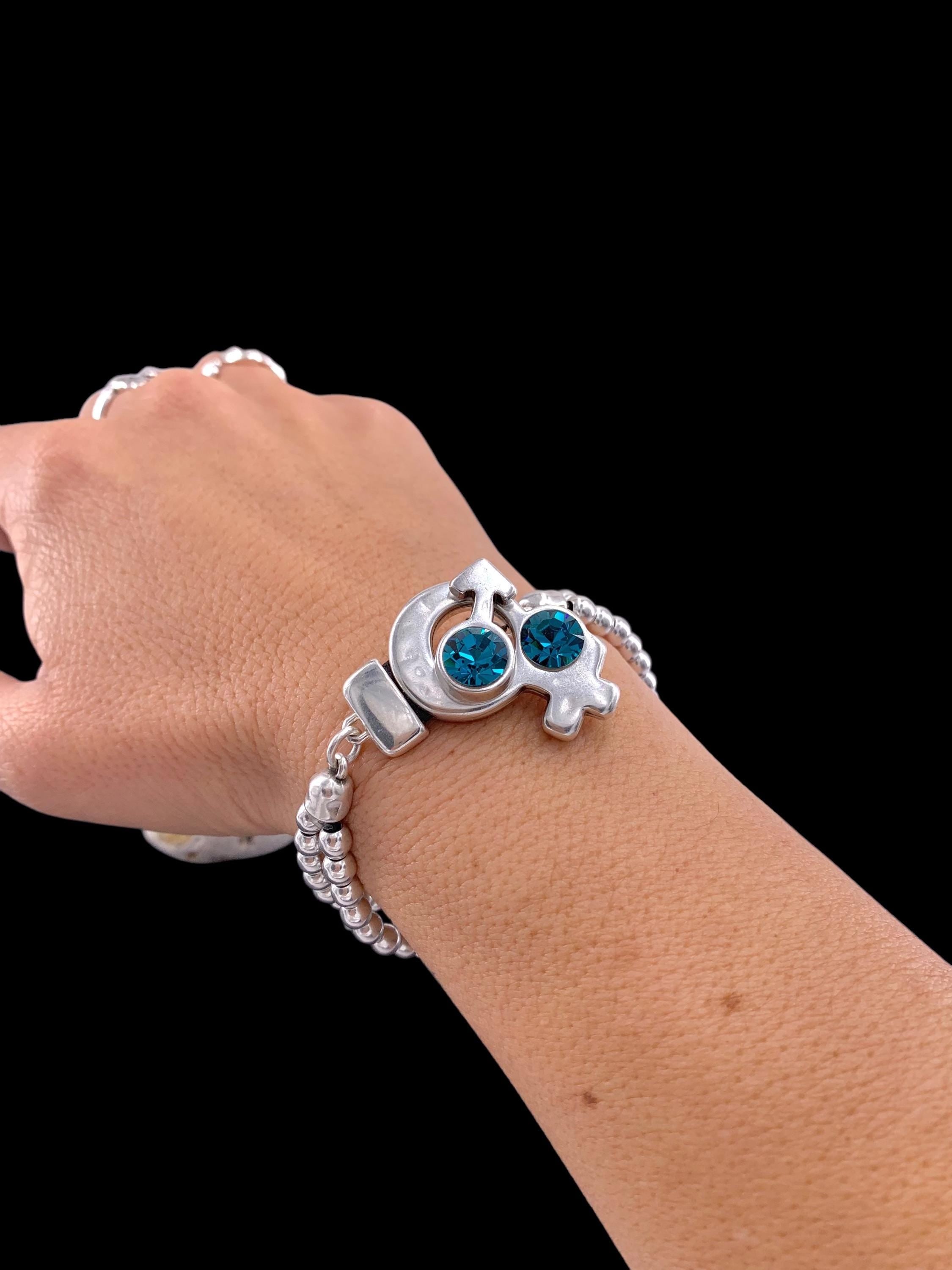 Chunky silver beaded bracelet with statement female and male symbol toggle clasp with Swarovski crystals, bulky bracelet, bold bead bracelet