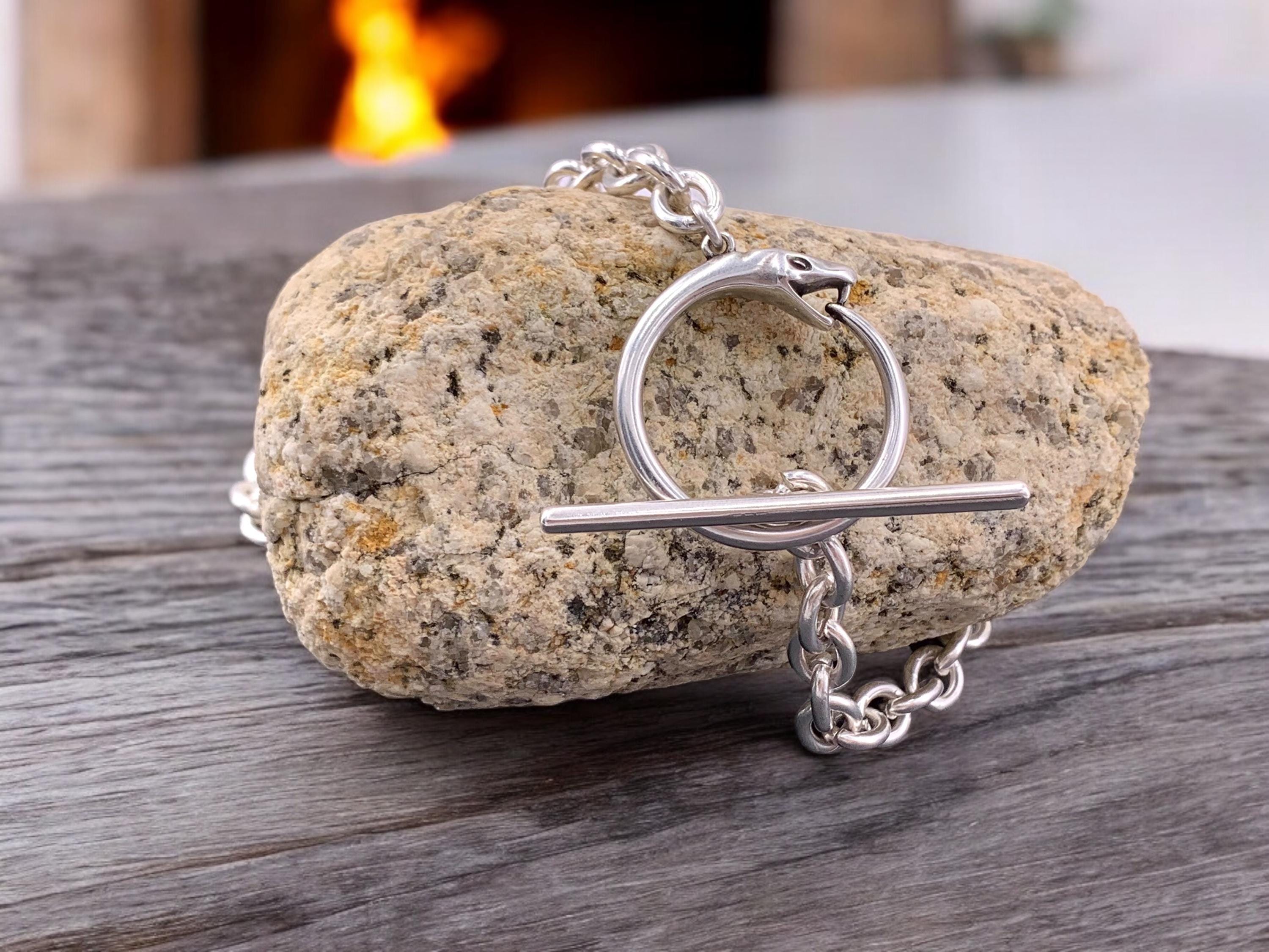 Statement chunky silver chain necklace with snake-shaped toggle clasp, bold chain toggle choker, bulky necklace, snake necklace, gift