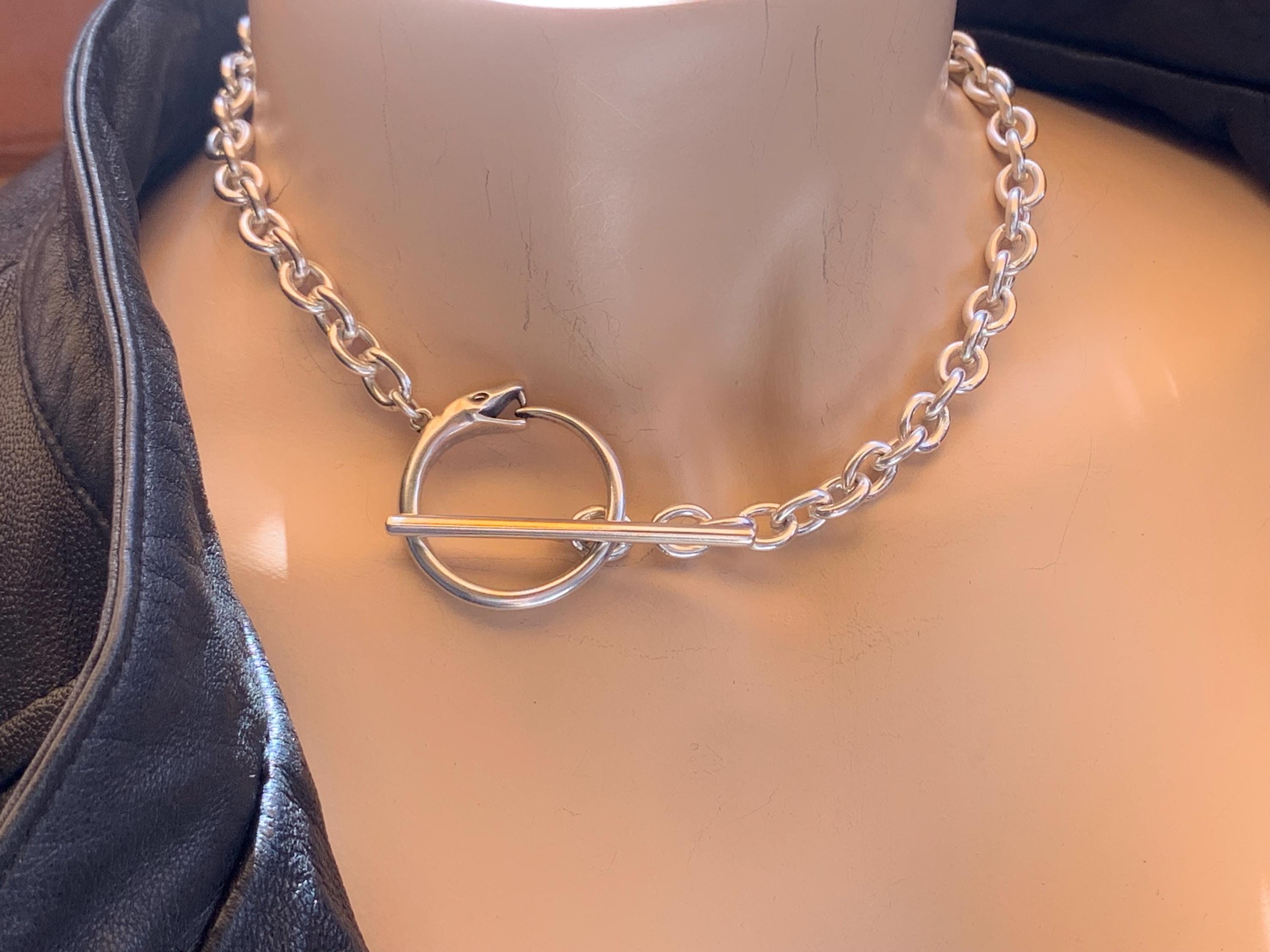 Statement chunky silver chain necklace with snake-shaped toggle clasp, bold chain toggle choker, bulky necklace, snake necklace, gift