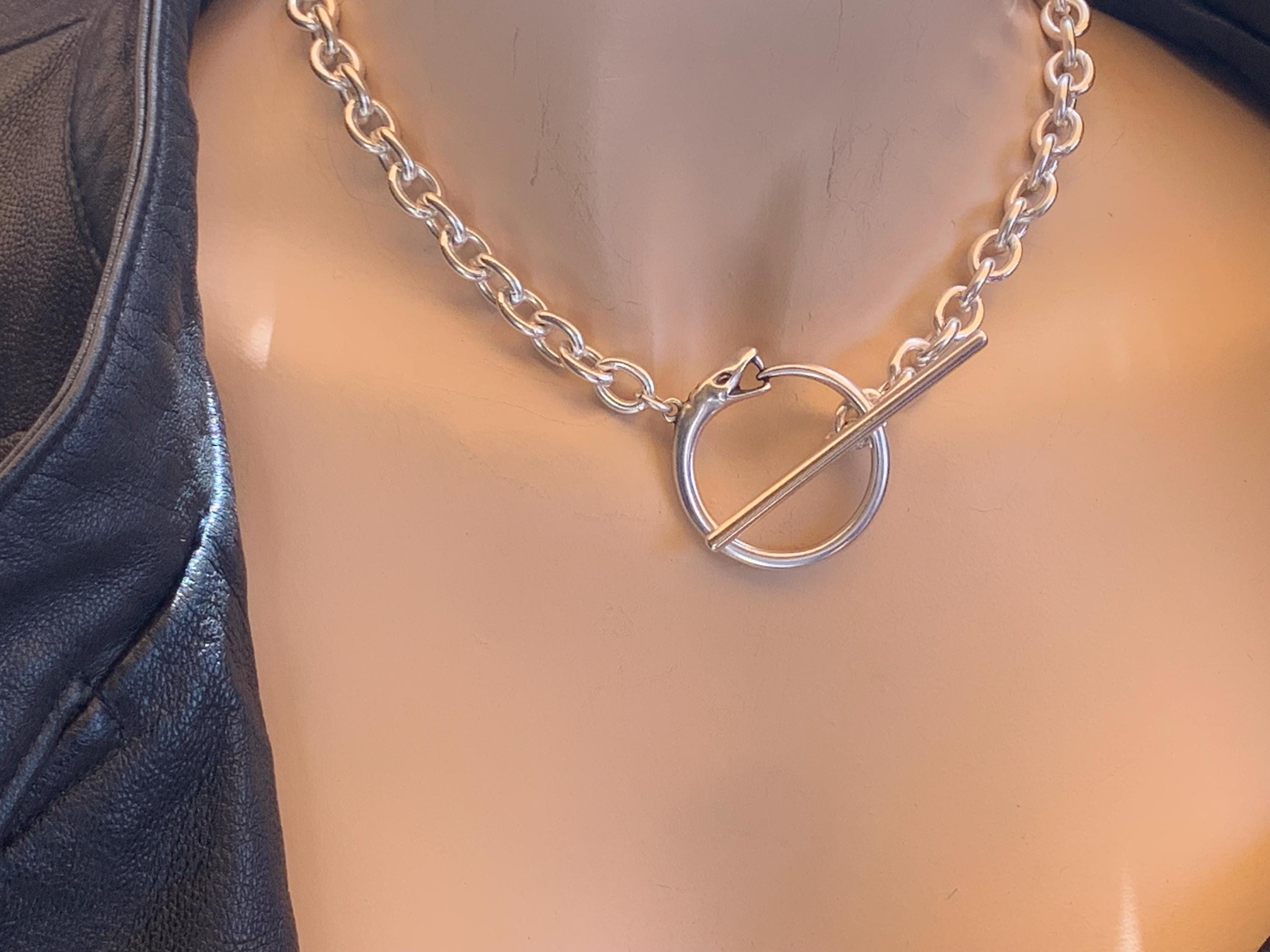 Statement chunky silver chain necklace with snake-shaped toggle clasp, bold chain toggle choker, bulky necklace, snake necklace, gift