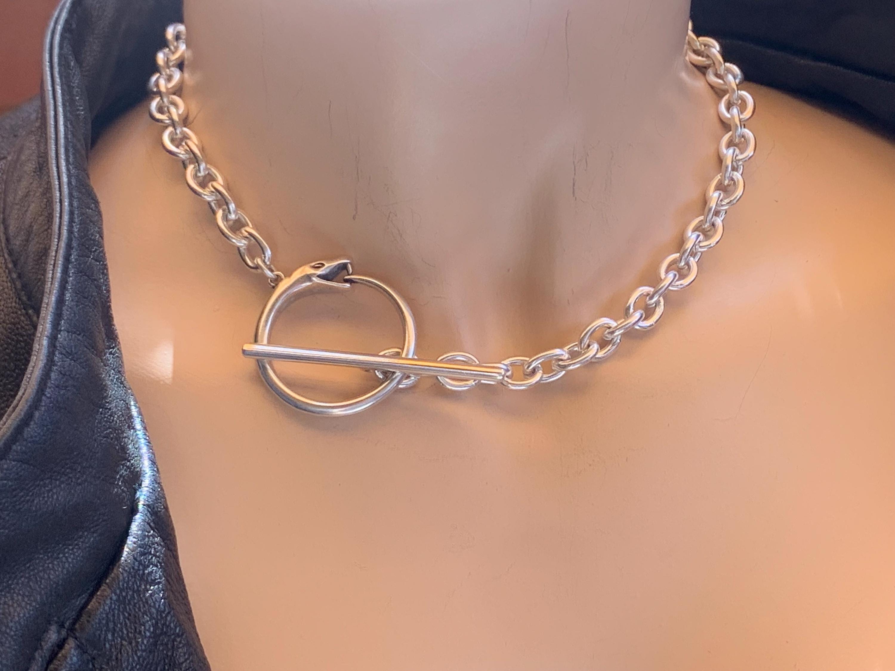 Statement chunky silver chain necklace with snake-shaped toggle clasp, bold chain toggle choker, bulky necklace, snake necklace, gift