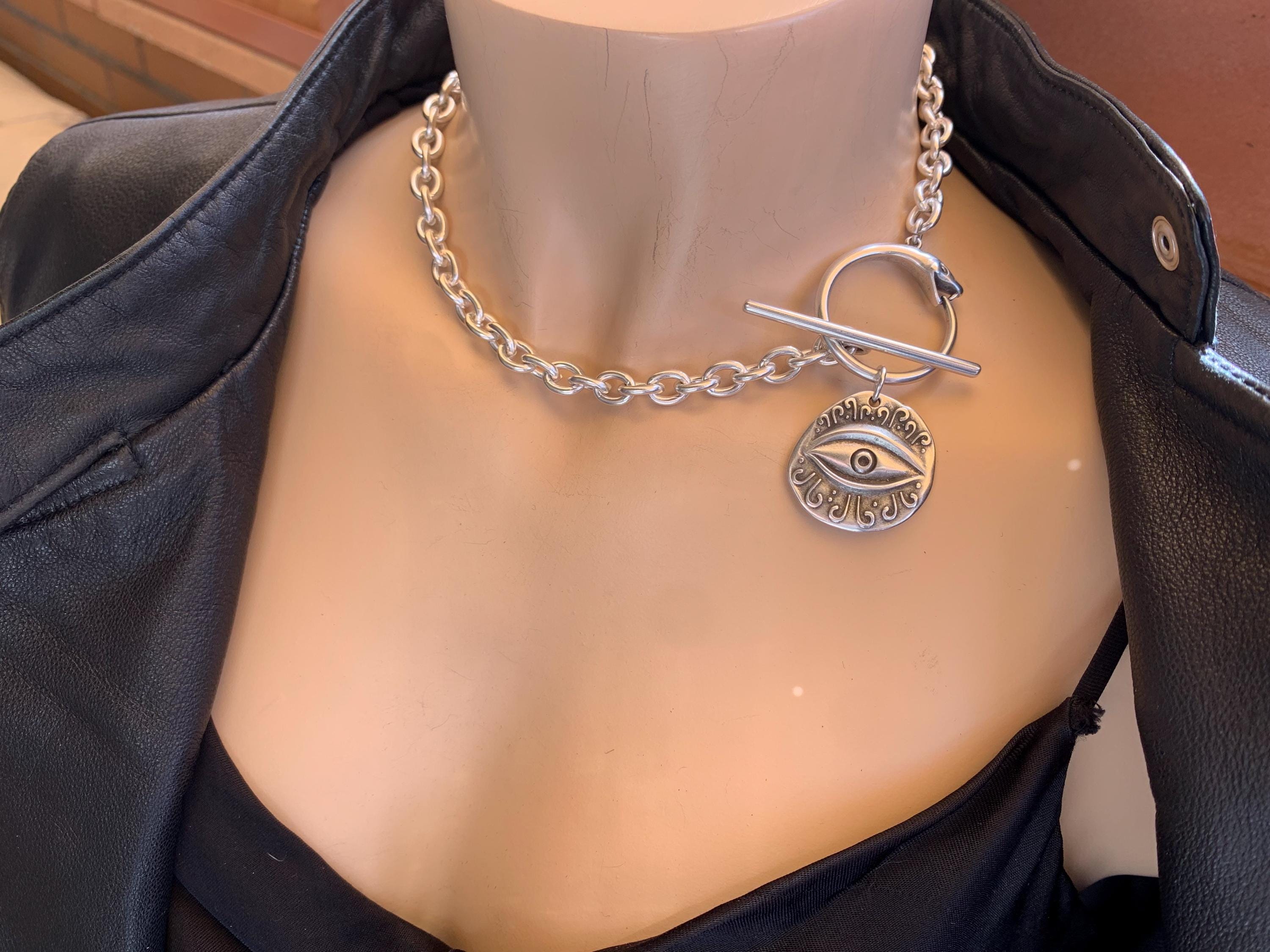 Statement chunky silver chain necklace with snake-shaped toggle clasp and stetment Horus eye pendant, bold bulky necklace, snake necklace,