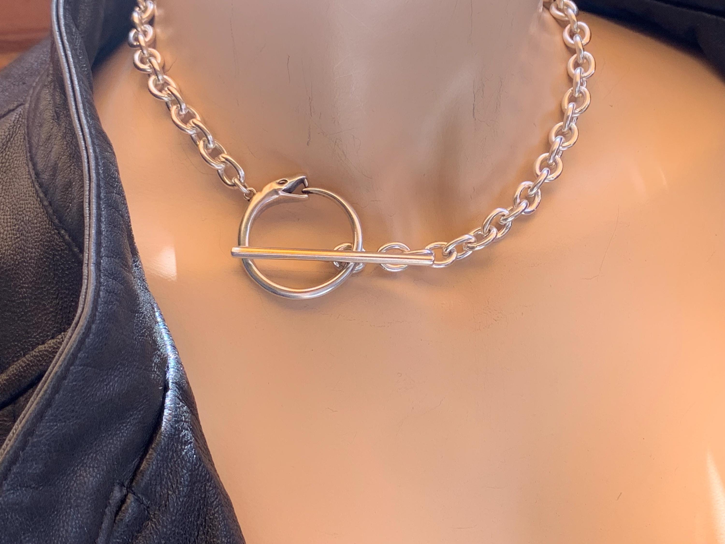 Statement chunky silver chain necklace with snake-shaped toggle clasp, bold chain toggle choker, bulky necklace, snake necklace, gift