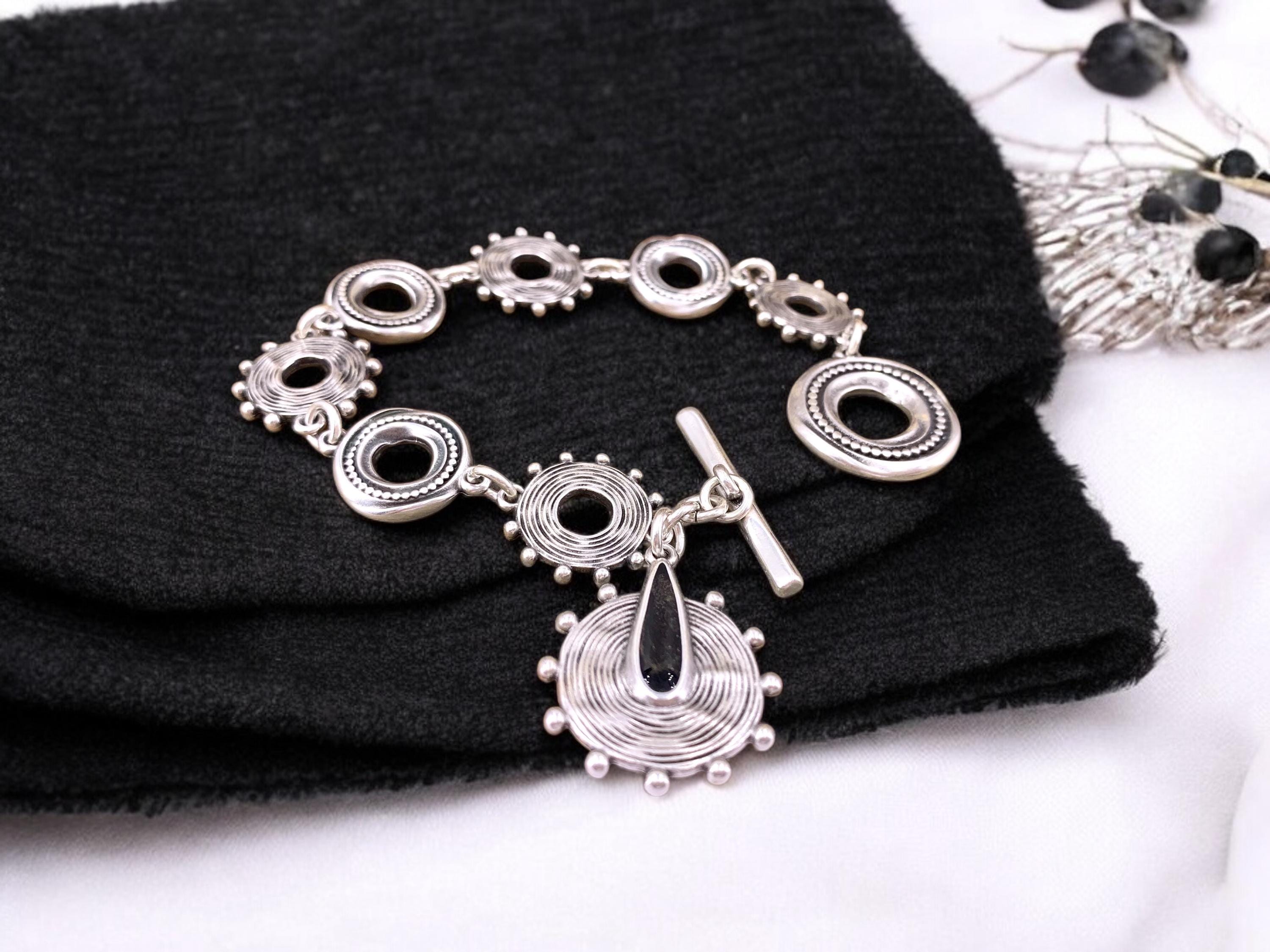 Tribal silver chain bracelet with toggle clasps and charms, ethnic bracelets, rolo chain silver bracelet, uno de 50 style, bohemian bracele