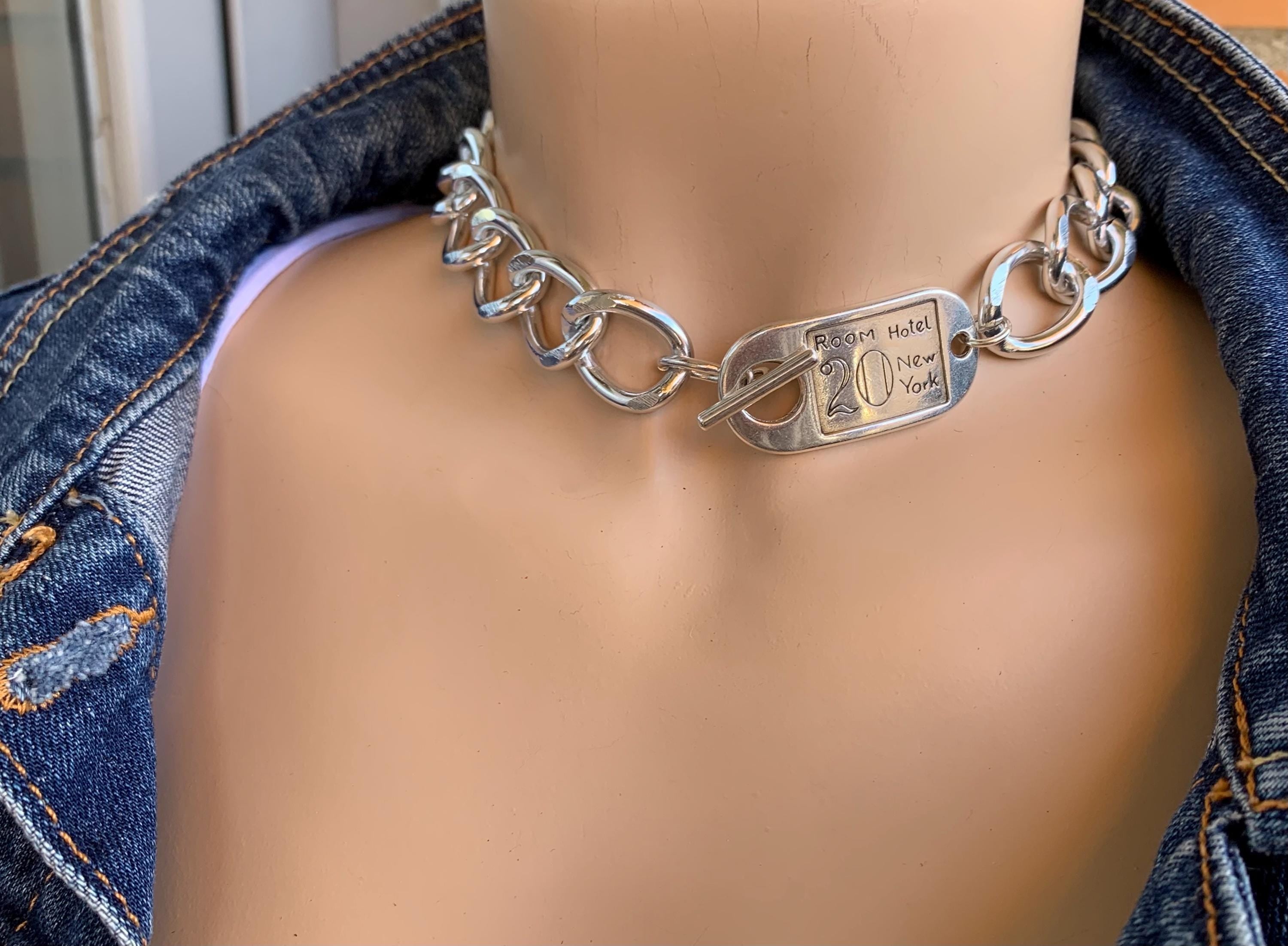 Chunky Silver chain padlock pendant toggle clasp necklace, statement necklace, bulky necklace with chunky chain, voluminous necklace, gift