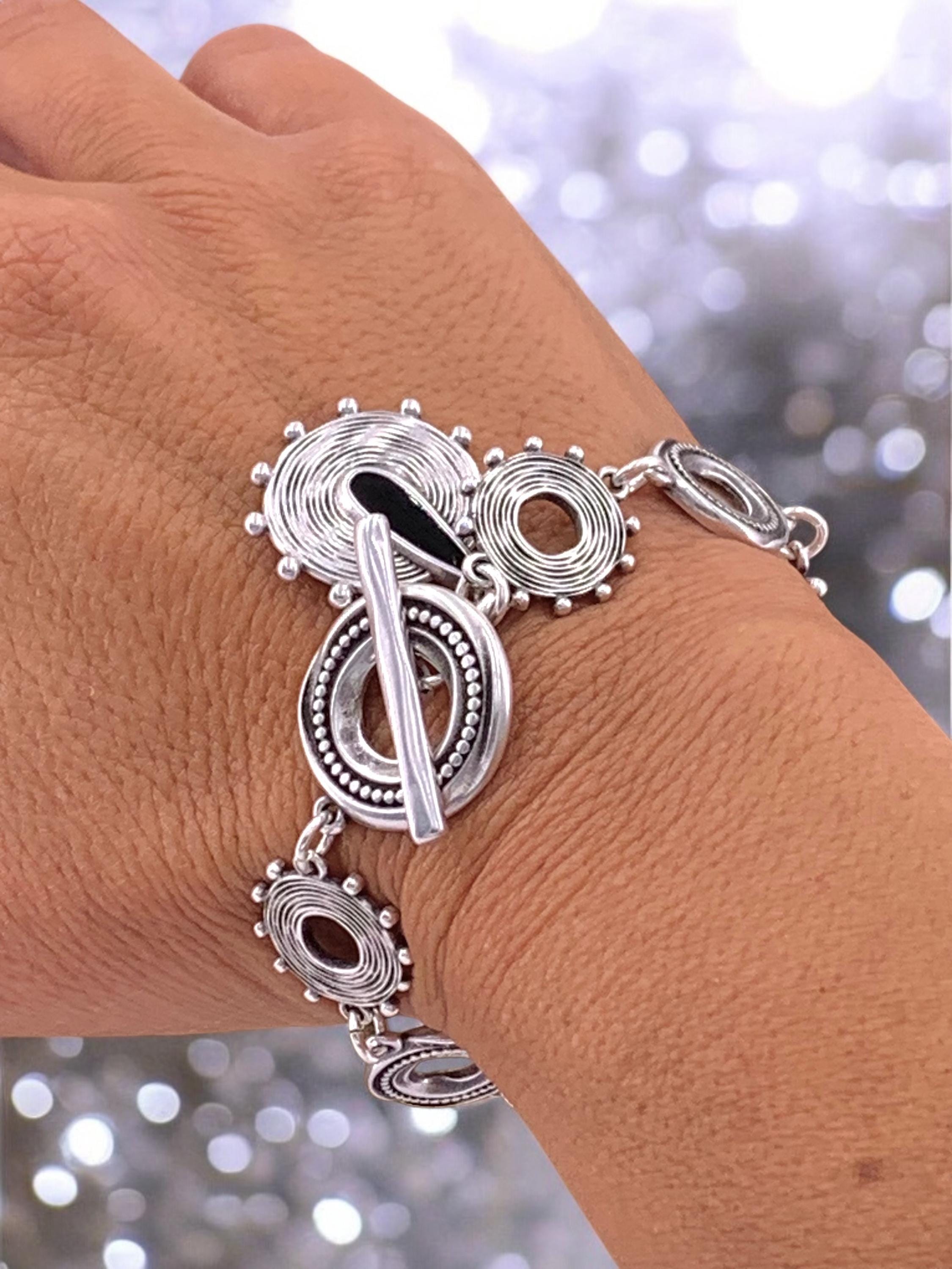 Tribal silver chain bracelet with toggle clasps and charms, ethnic bracelets, rolo chain silver bracelet, , bohemian bracele