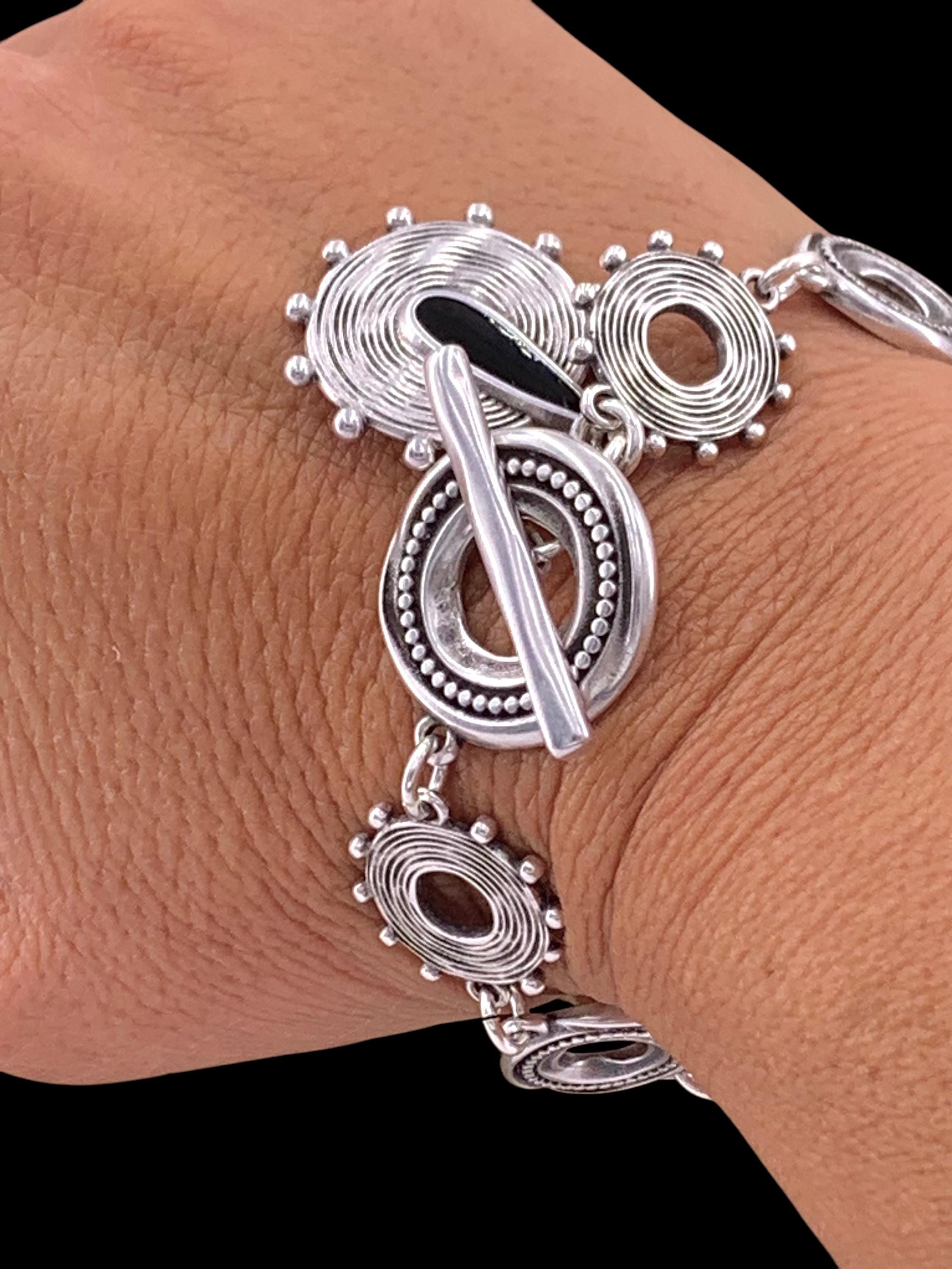 Tribal silver chain bracelet with toggle clasps and charms, ethnic bracelets, rolo chain silver bracelet, uno de 50 style, bohemian bracele