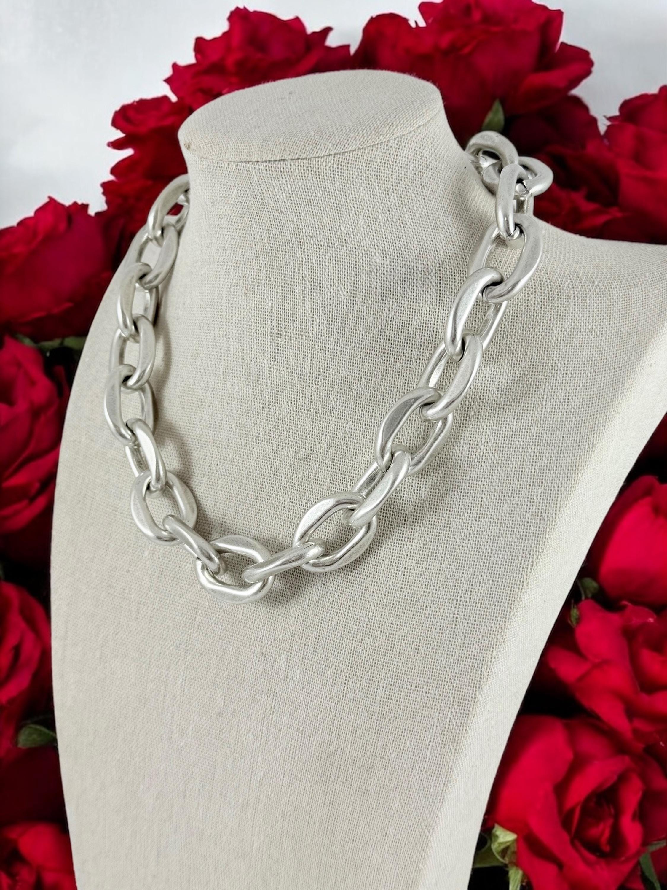 Chunky Silver Chain Necklace – Big Oval Links – Toggle Clasp – bold choker - 21” – Kukuri Jewelry - gift for her