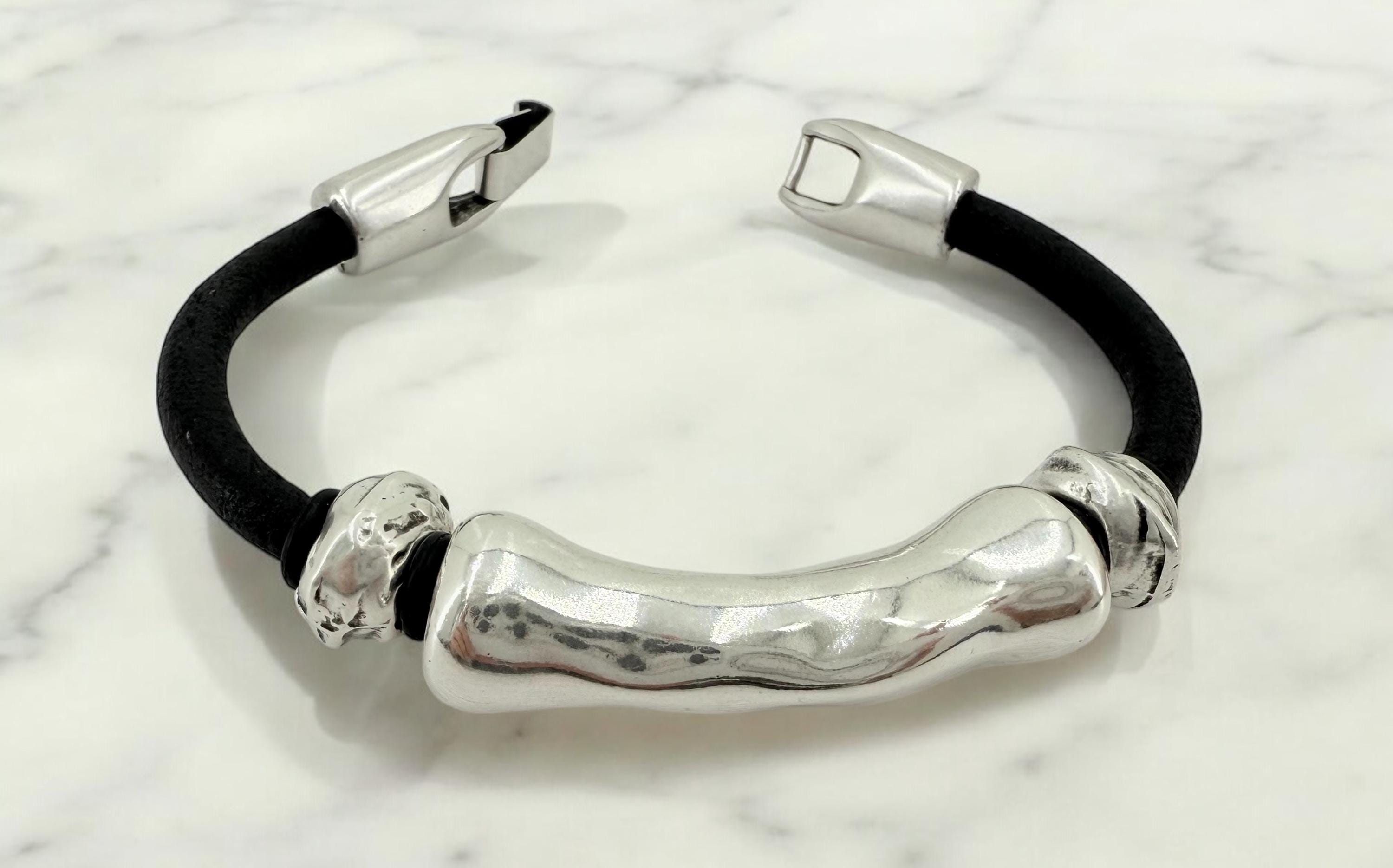leather bracelet for men, silver masculine bracelet, bohemian bracelet, hippie bracelet, men gift, chunky silver tube leather bracelet,
