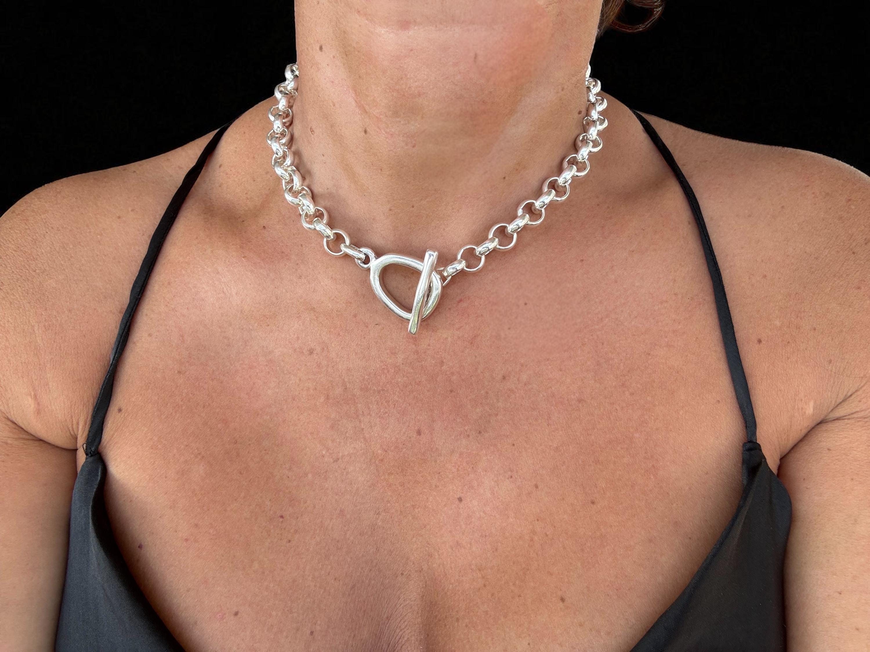 Chunky Silver Rolo Chain Choker Necklace – Bold Silver-Plated Statement Jewelry with Toggle Clasp -