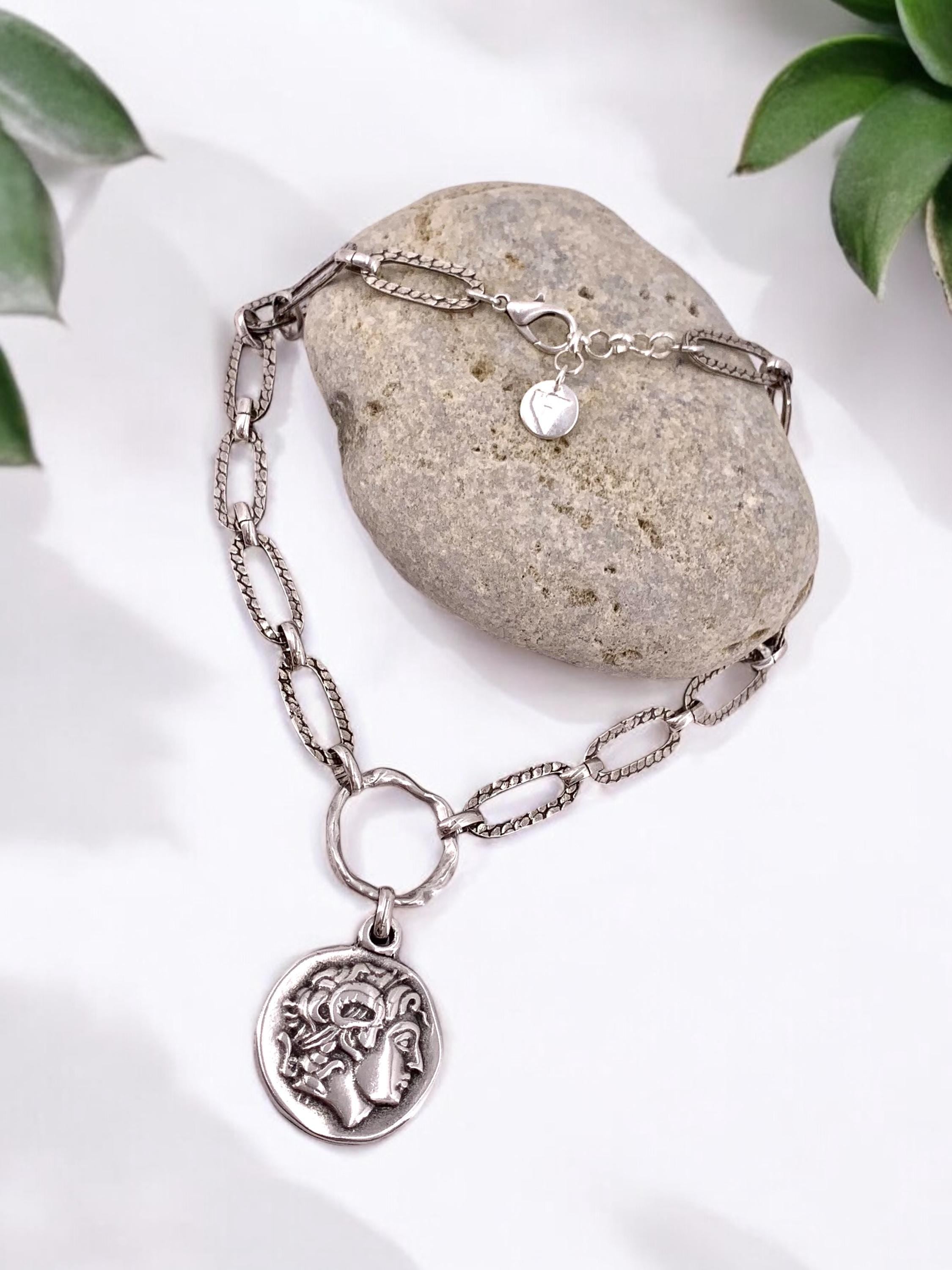 Chunky Antique Silver Chain Necklace with Greek Coin Pendant – Alexander the Great – Bold Statement Jewelry – Kukuri Exclusive