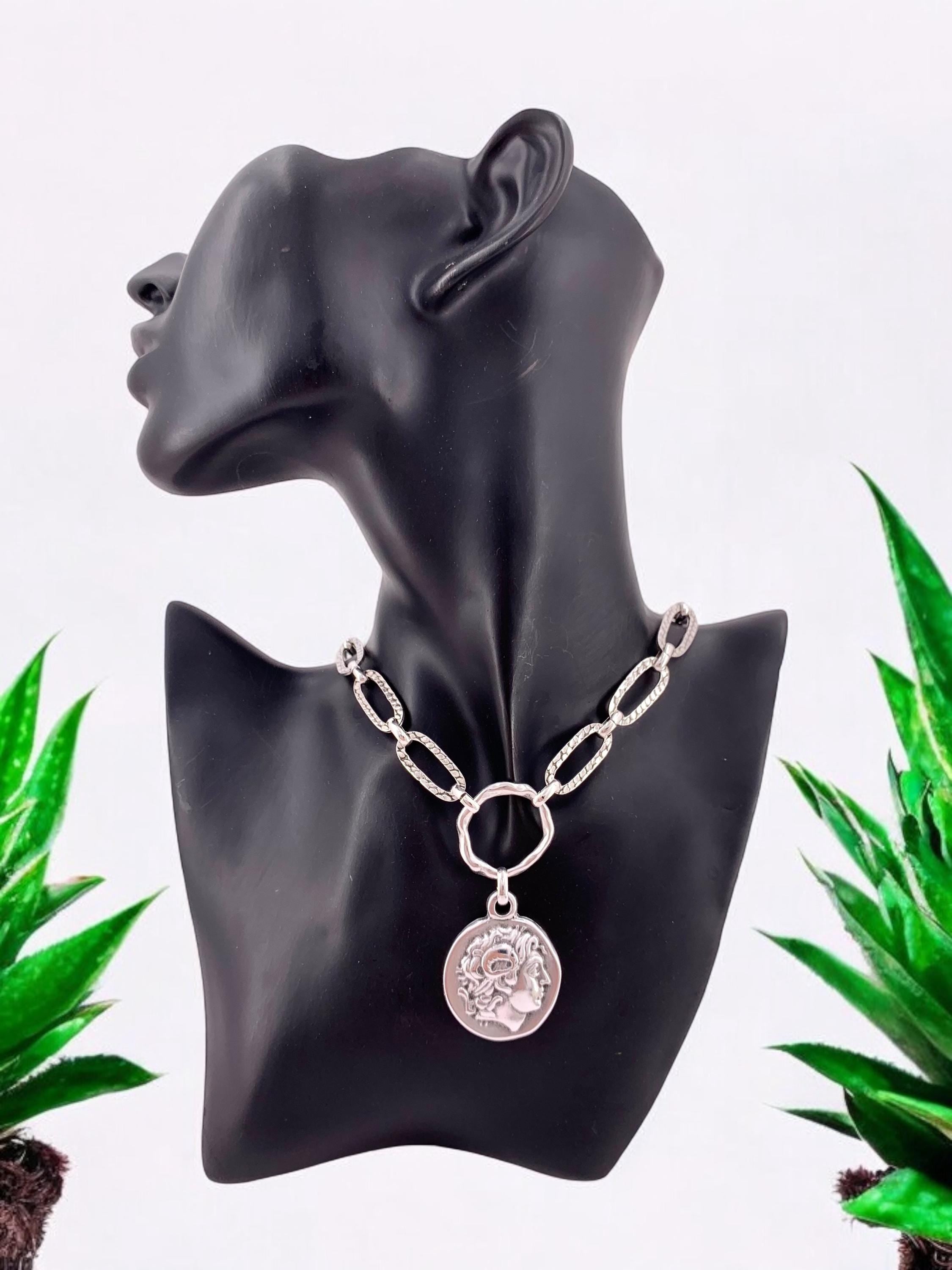 Chunky Antique Silver Chain Necklace with Greek Coin Pendant – Alexander the Great – Bold Statement Jewelry – Kukuri Exclusive