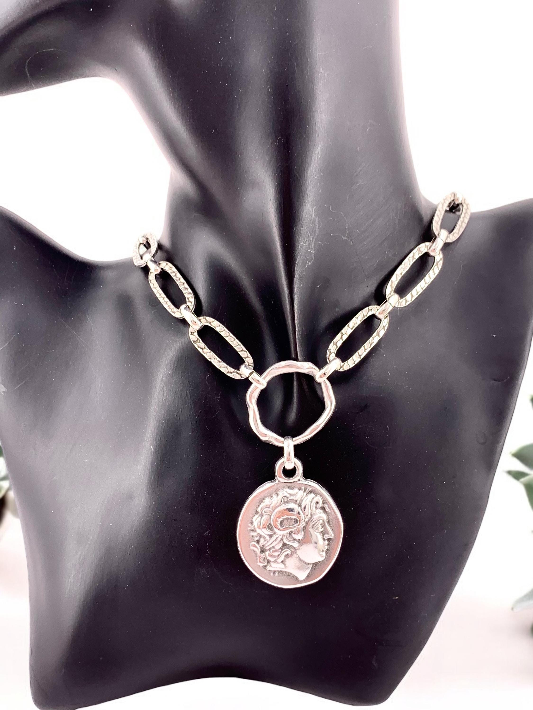Chunky Antique Silver Chain Necklace with Greek Coin Pendant – Alexander the Great – Bold Statement Jewelry – Kukuri Exclusive