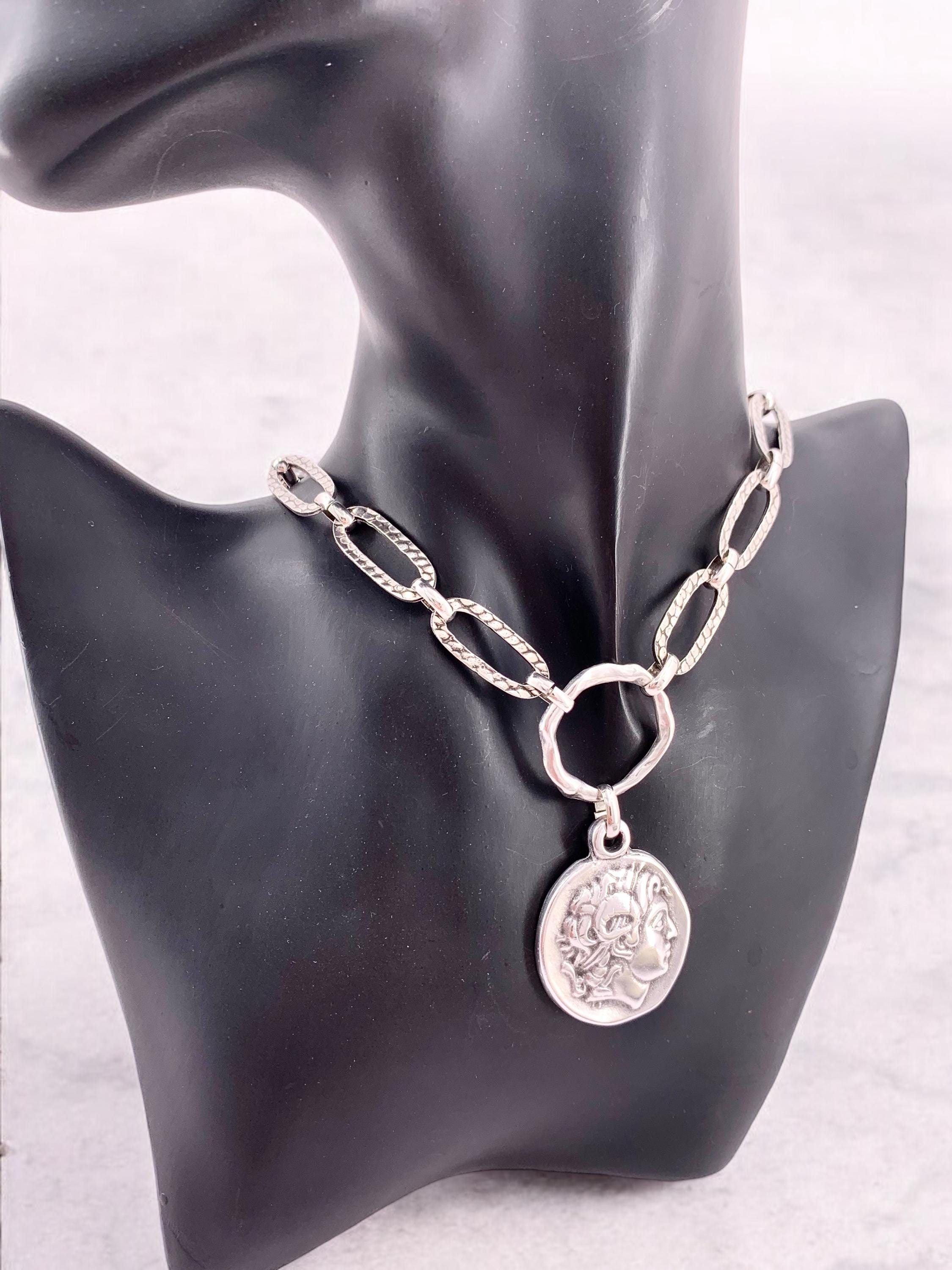 Chunky Antique Silver Chain Necklace with Greek Coin Pendant – Alexander the Great – Bold Statement Jewelry – Kukuri Exclusive