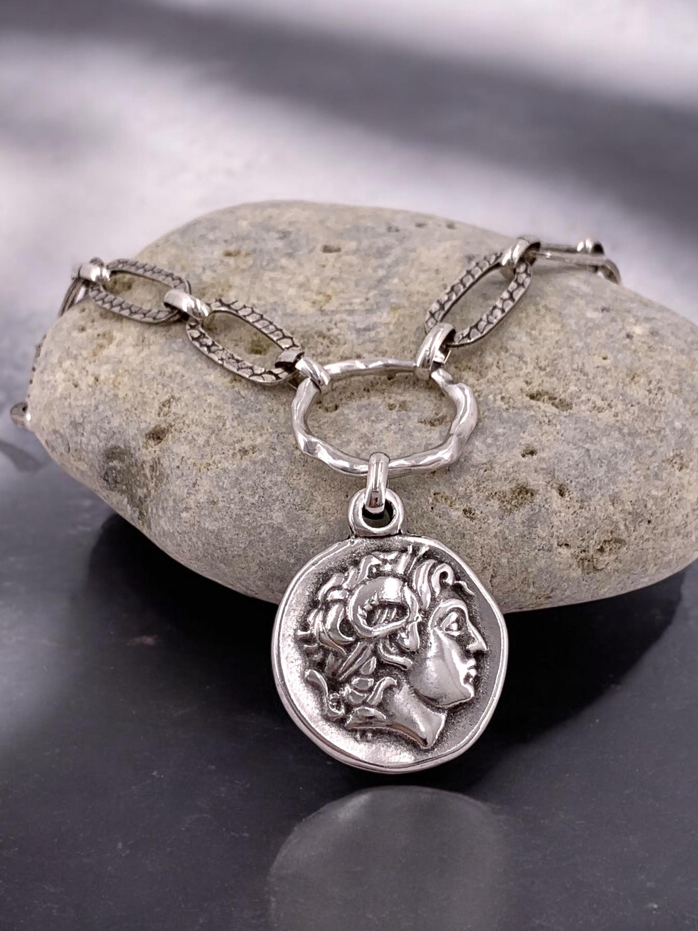 Chunky Antique Silver Chain Necklace with Greek Coin Pendant – Alexander the Great – Bold Statement Jewelry – Kukuri Exclusive