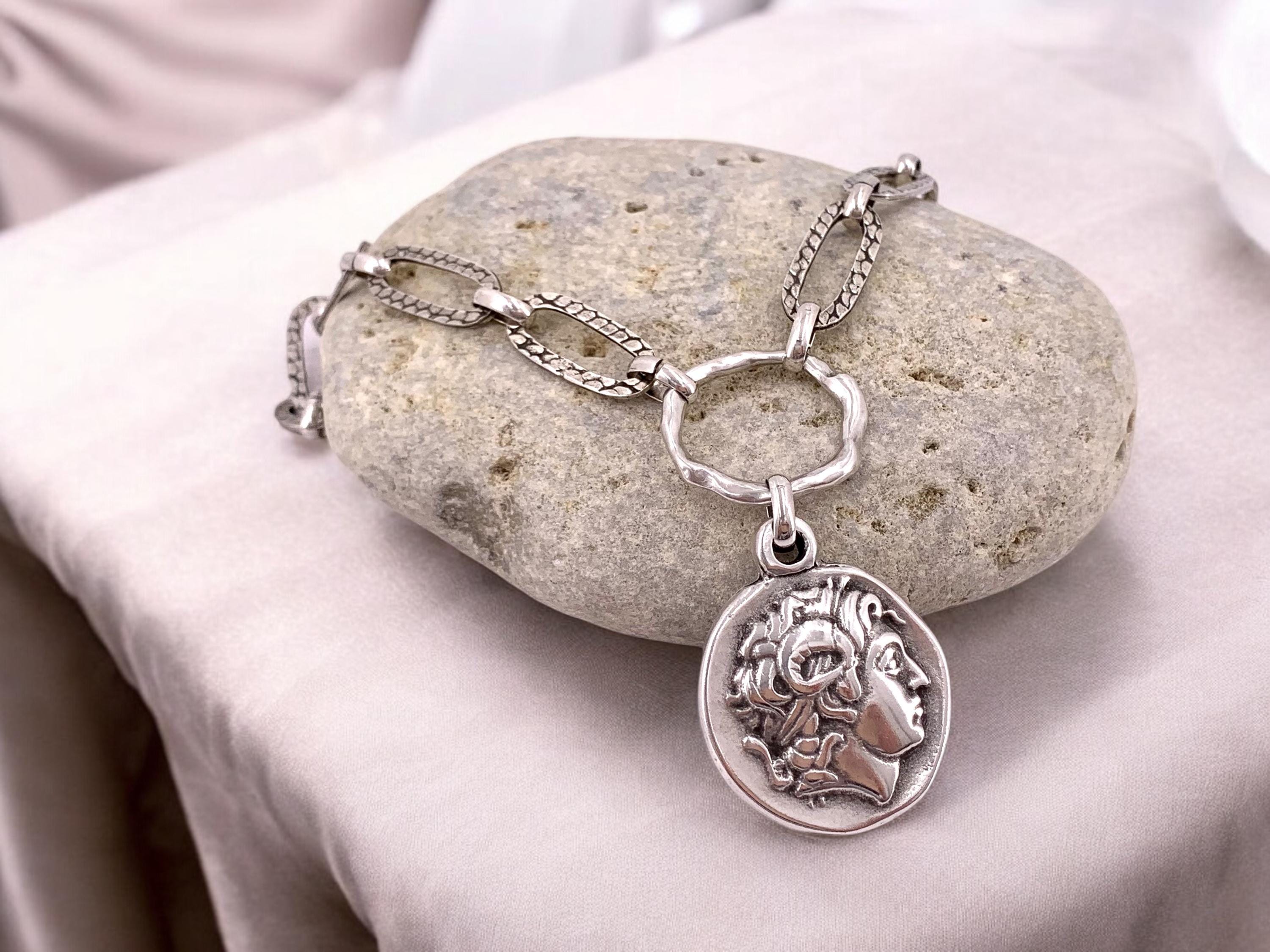 Chunky Antique Silver Chain Necklace with Greek Coin Pendant – Alexander the Great – Bold Statement Jewelry – Kukuri Exclusive