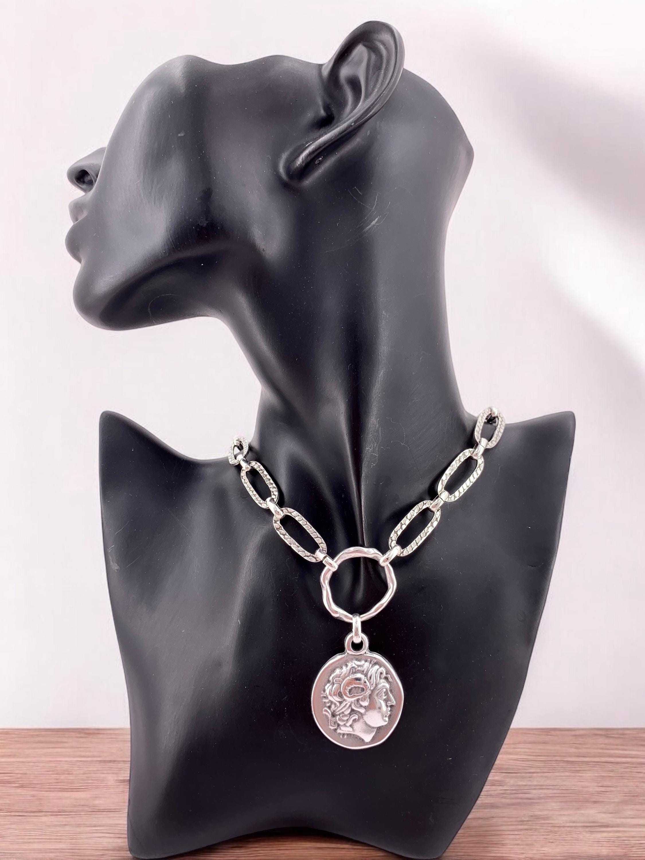 Chunky Antique Silver Chain Necklace with Greek Coin Pendant – Alexander the Great – Bold Statement Jewelry – Kukuri Exclusive
