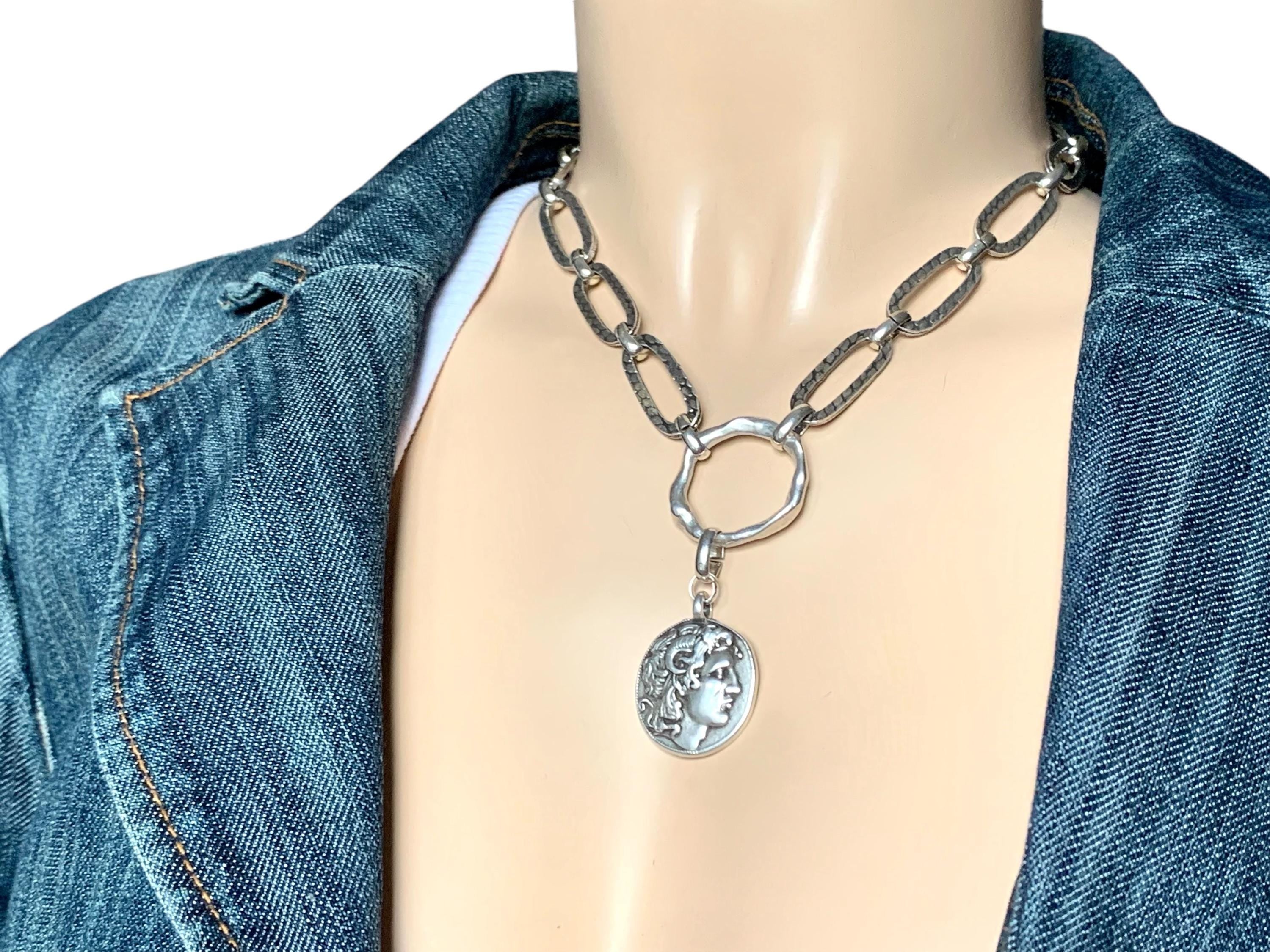 Chunky Antique Silver Chain Necklace with Greek Coin Pendant – Alexander the Great – Bold Statement Jewelry – Kukuri Exclusive