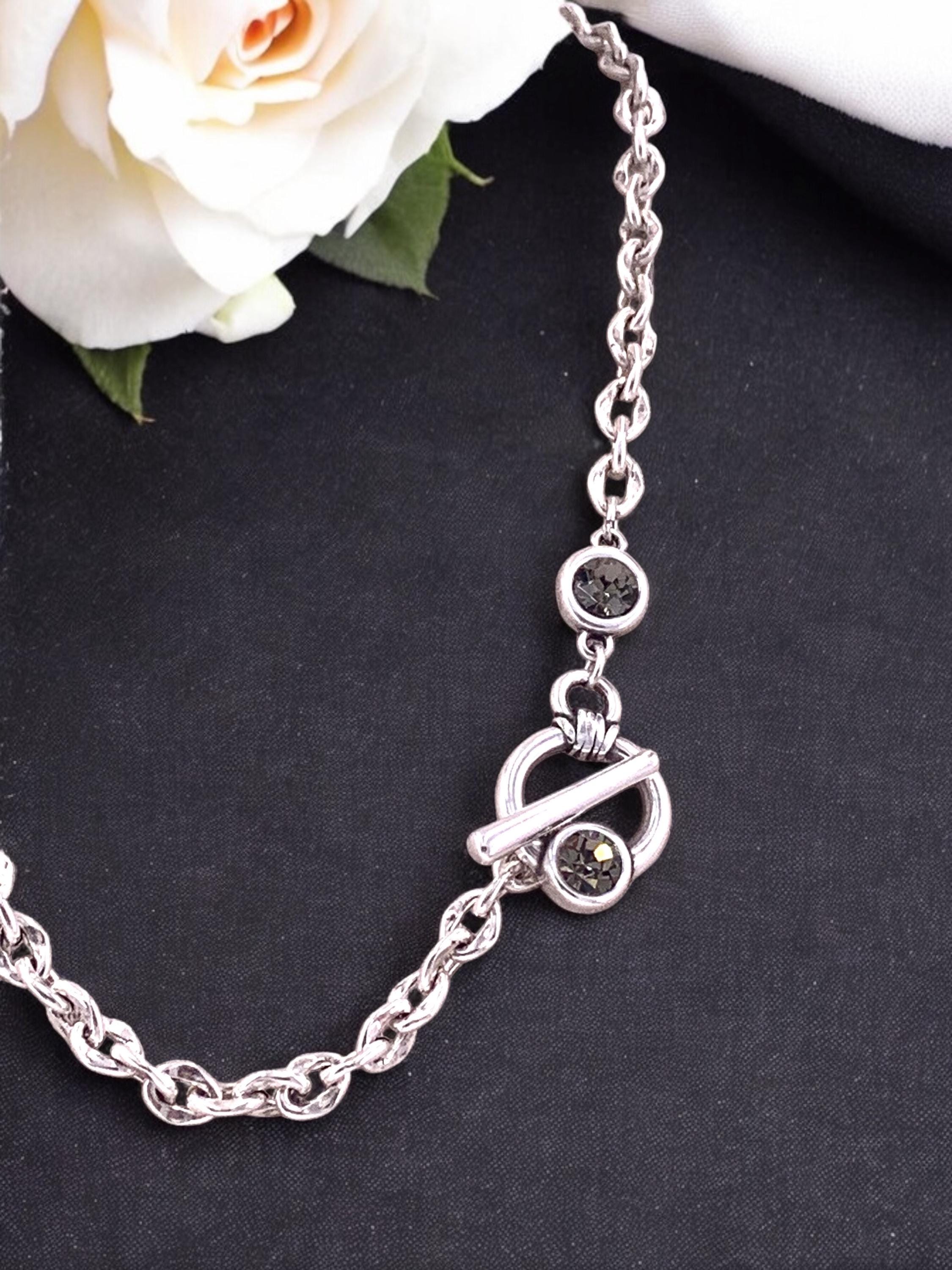 Chunky Silver Chain Necklace with Swarovski Toggle Clasp – Bold Choker – Custom Length – 17 Crystal Colors