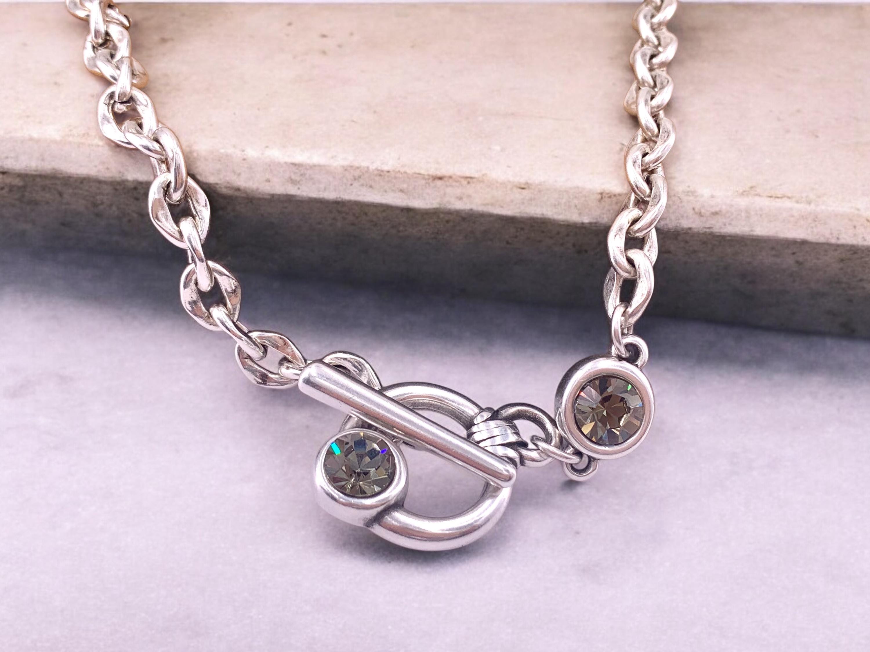 Chunky Silver Chain Necklace with Swarovski Toggle Clasp – Bold Choker – Custom Length – 17 Crystal Colors
