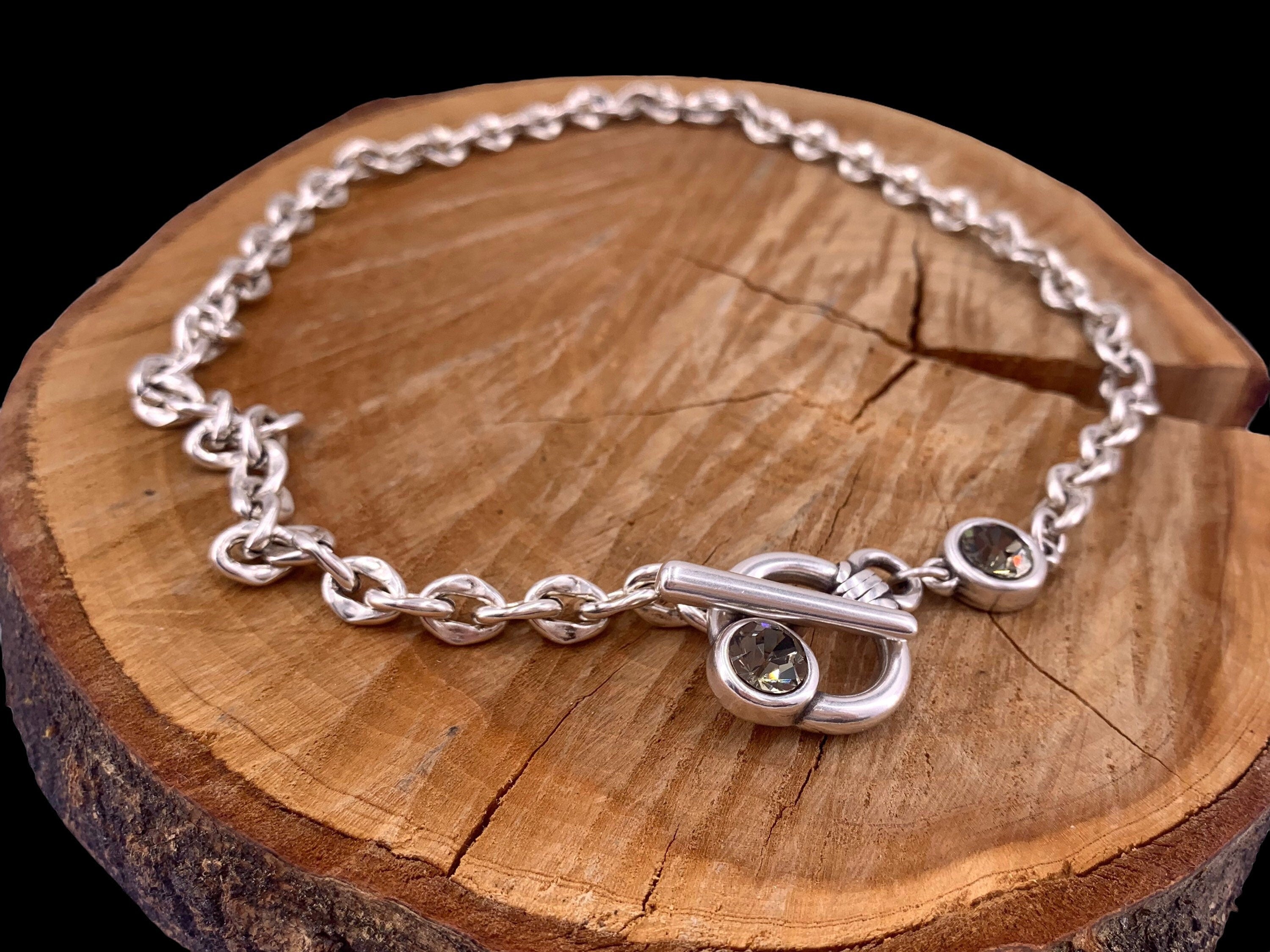 Chunky Silver Chain Necklace with Swarovski Toggle Clasp – Bold Choker – Custom Length – 17 Crystal Colors